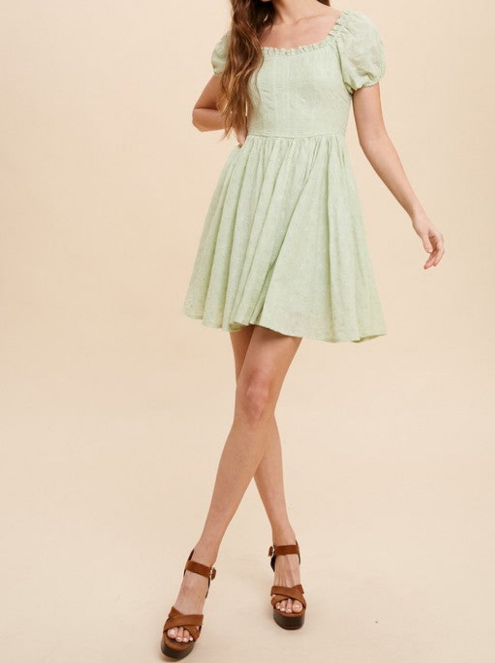 CORSET BODICE PUFF SLEEVE  EYELET LIME GREEN MINI DRESS