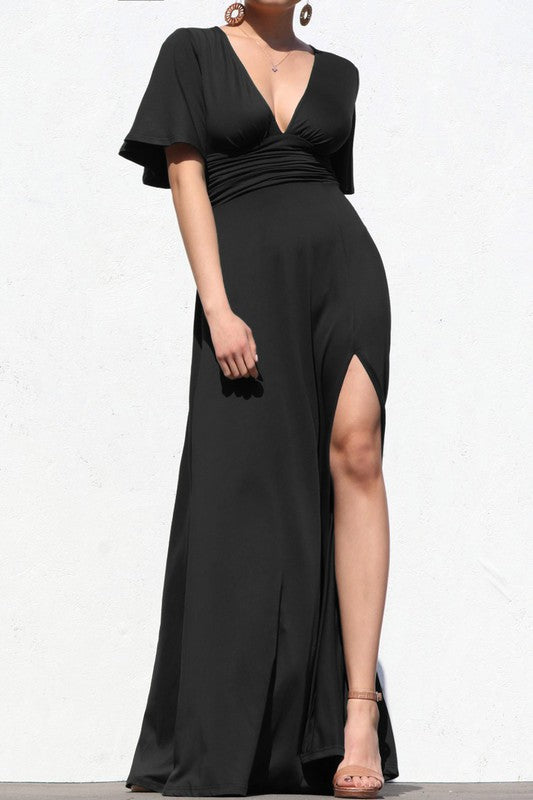 V NECK VENETIAN  MAXI DRESS SIDE SLIT