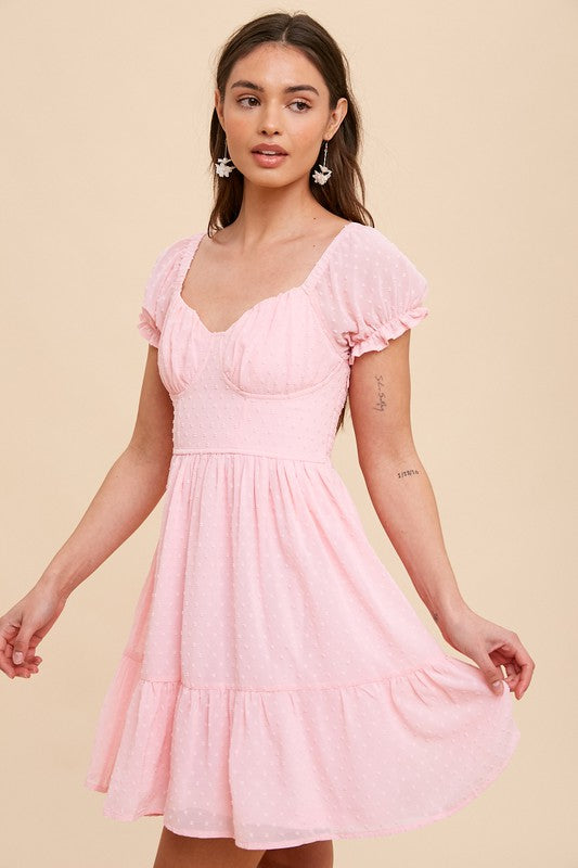 SWISS DOT SWEETHEART NECKLINE MINI DRESS-Pink Bubblegum