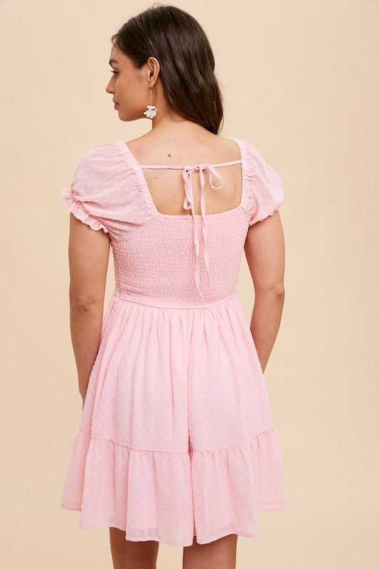 SWISS DOT SWEETHEART NECKLINE MINI DRESS-Pink Bubblegum