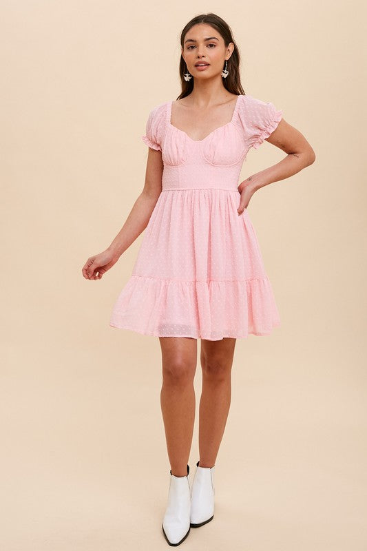 SWISS DOT SWEETHEART NECKLINE MINI DRESS-Pink Bubblegum