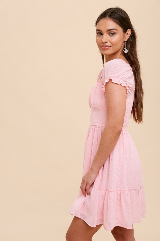 SWISS DOT SWEETHEART NECKLINE MINI DRESS-Pink Bubblegum