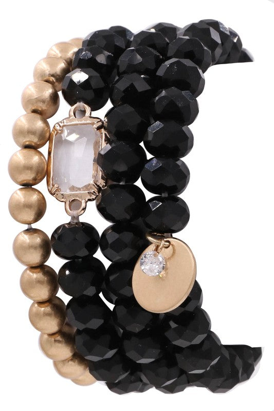 Faceted bead assorted stretch bracelet set-Black