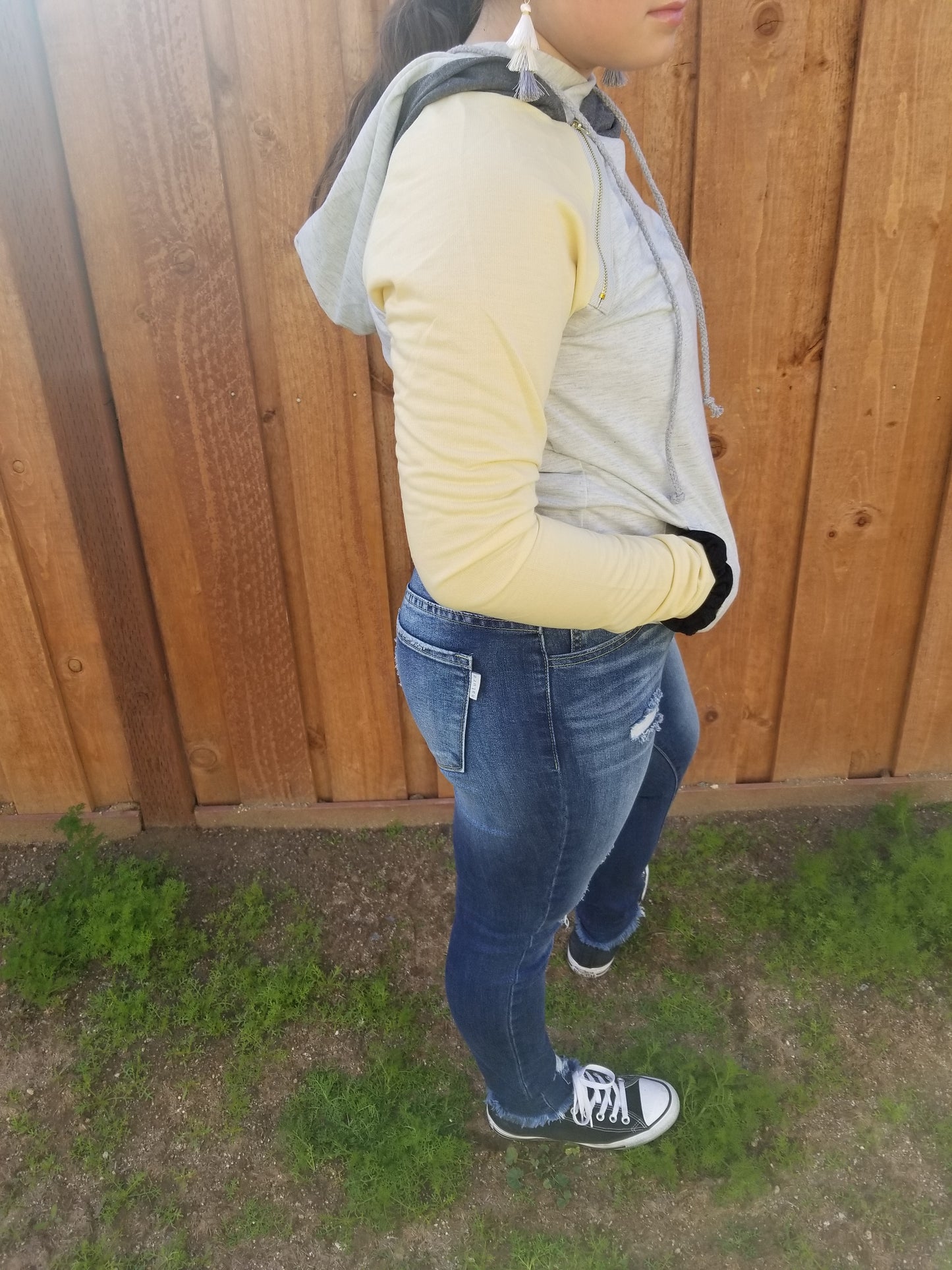 Curvy Color Block Yellow & Grey Hoodie