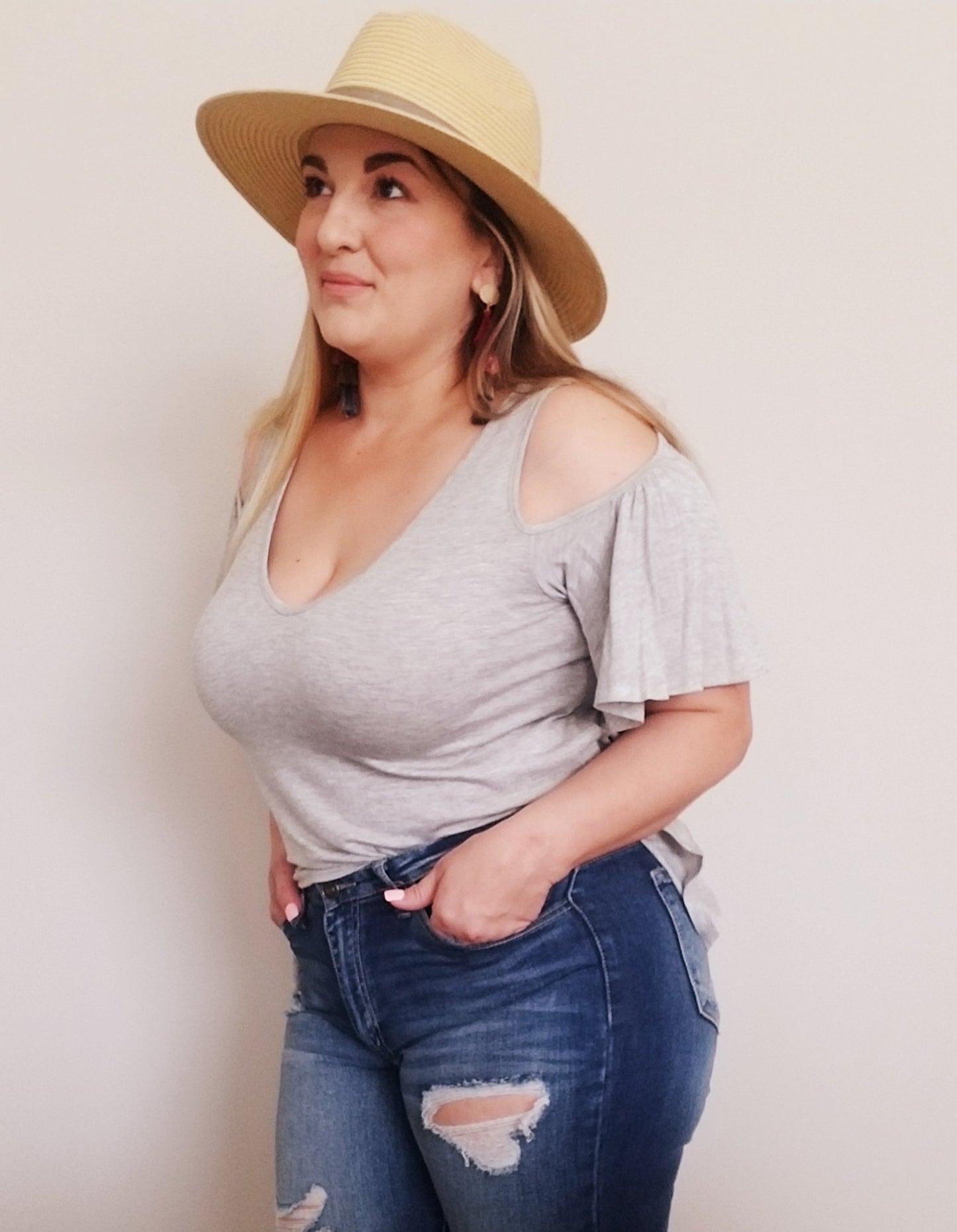 Short  Sleeve Cold Shoulder Top- Grey