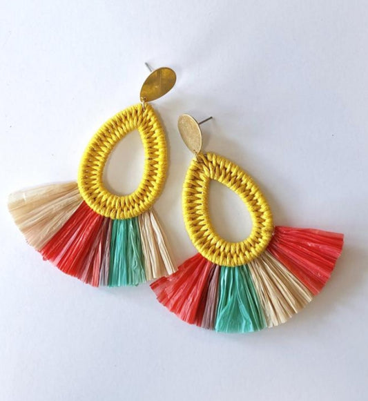 Yellow Teardrop Multi Colored Raffia Statement Earrings