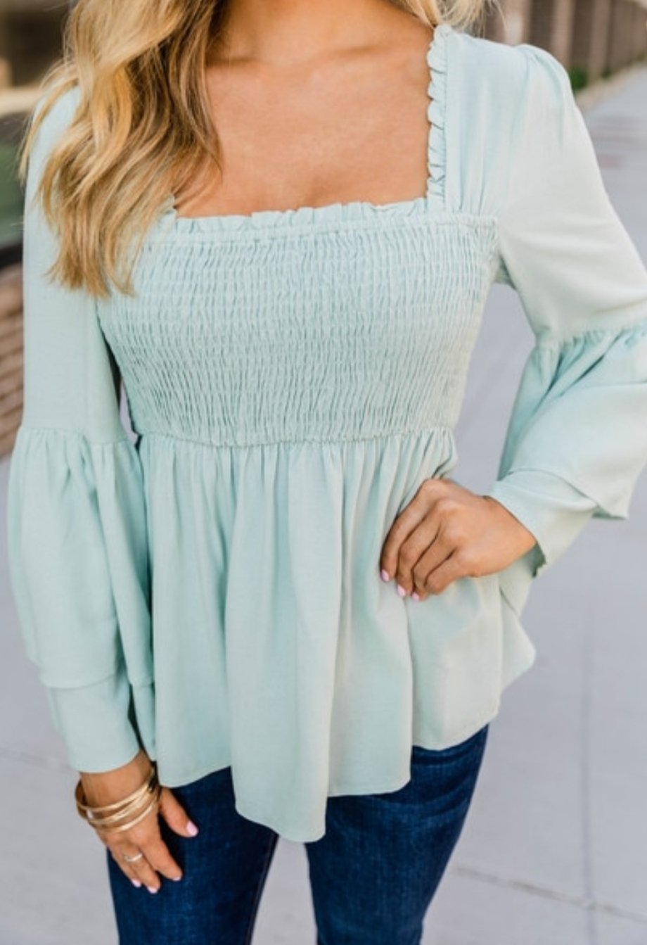 Sage Smocked Bell Sleeve Blouse