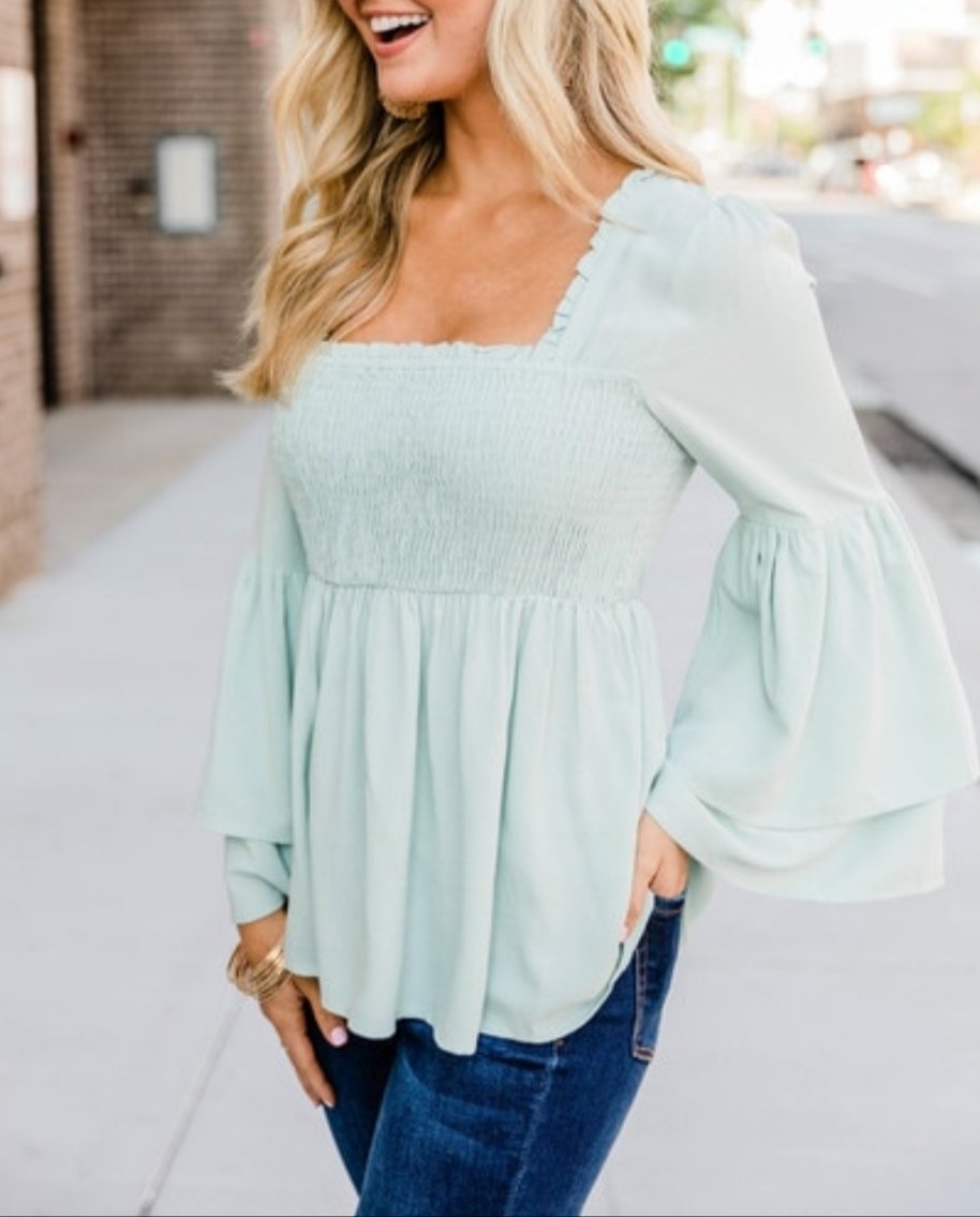 Sage Smocked Bell Sleeve Blouse