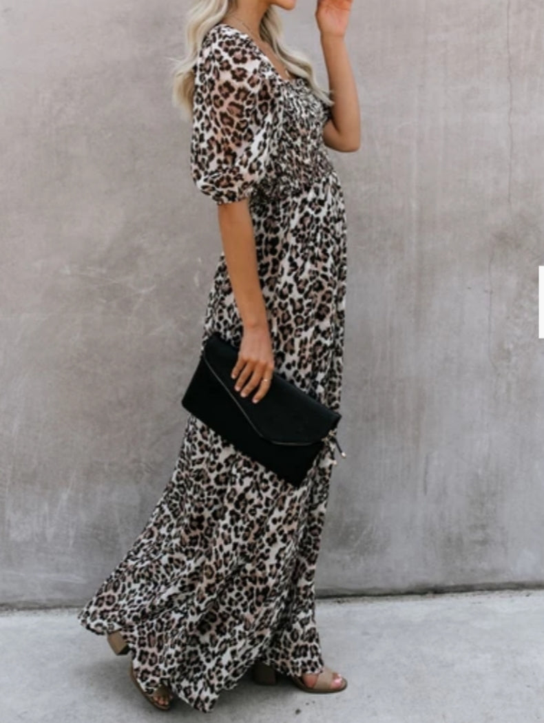 Square Neck Smocked Leopard Maxi Dress