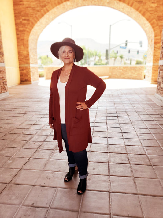 Long Open Cardigan in Rust 1XL-3XL