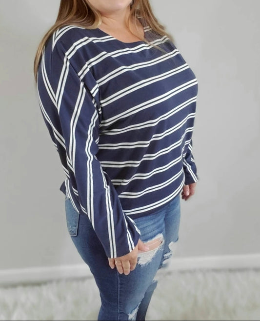 Dolman Scoop Neck Stripped Long Sleeve Top