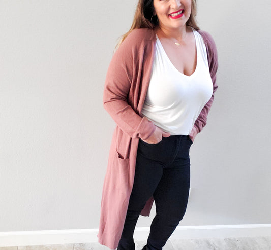 Long Solid Mauve Sweater Cardigan