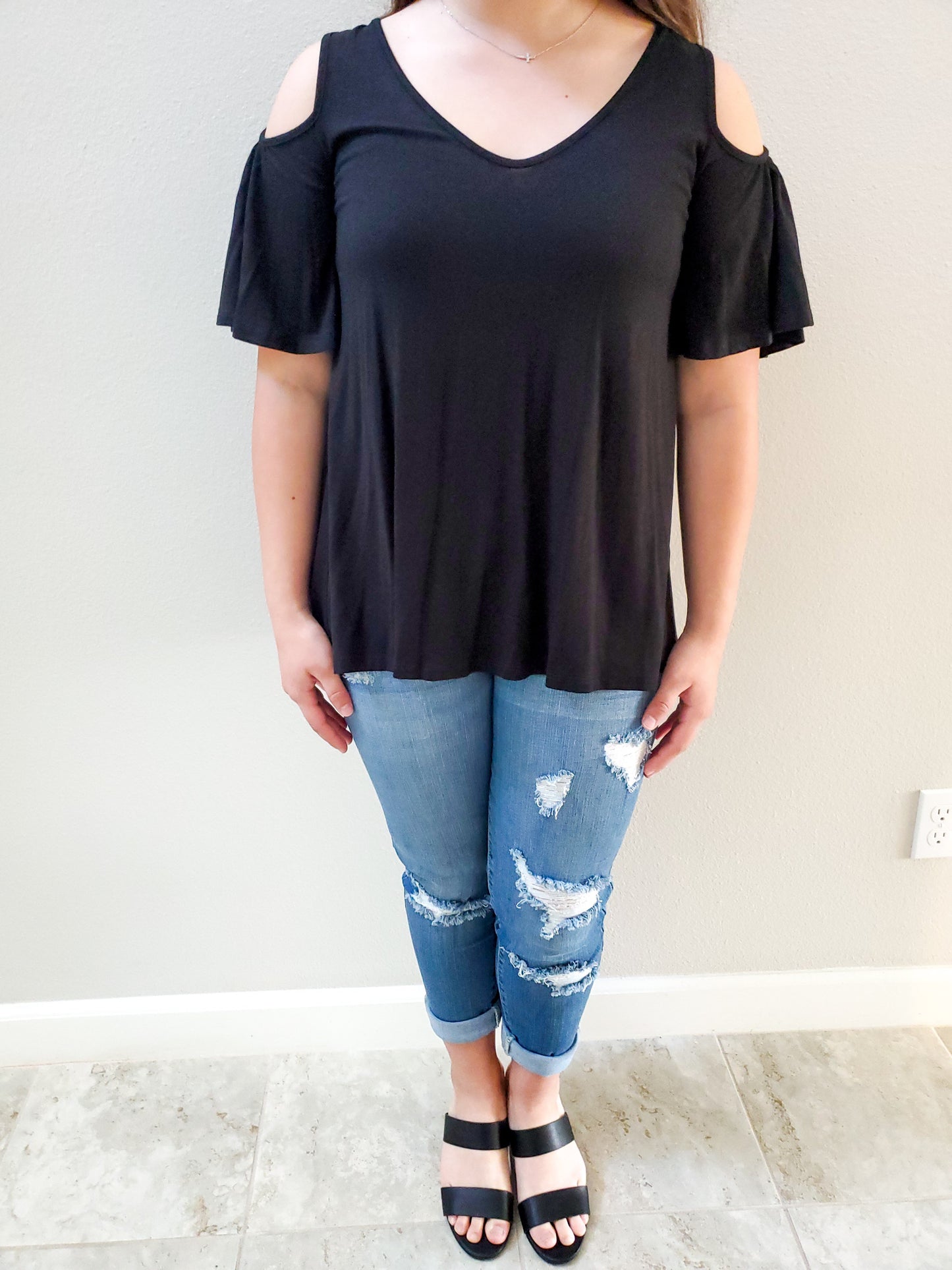 Short  Sleeve Cold Shoulder Top - Black