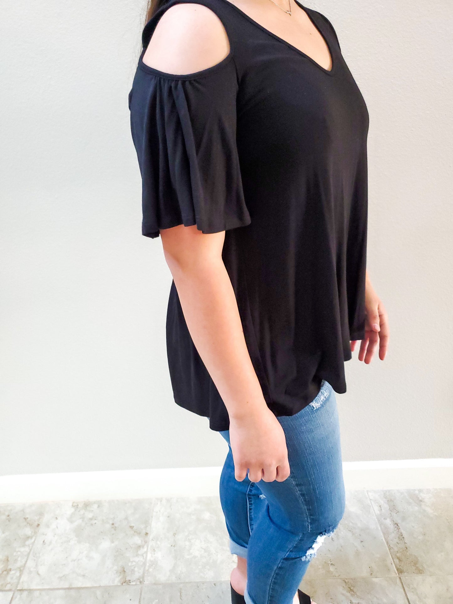 Short  Sleeve Cold Shoulder Top - Black