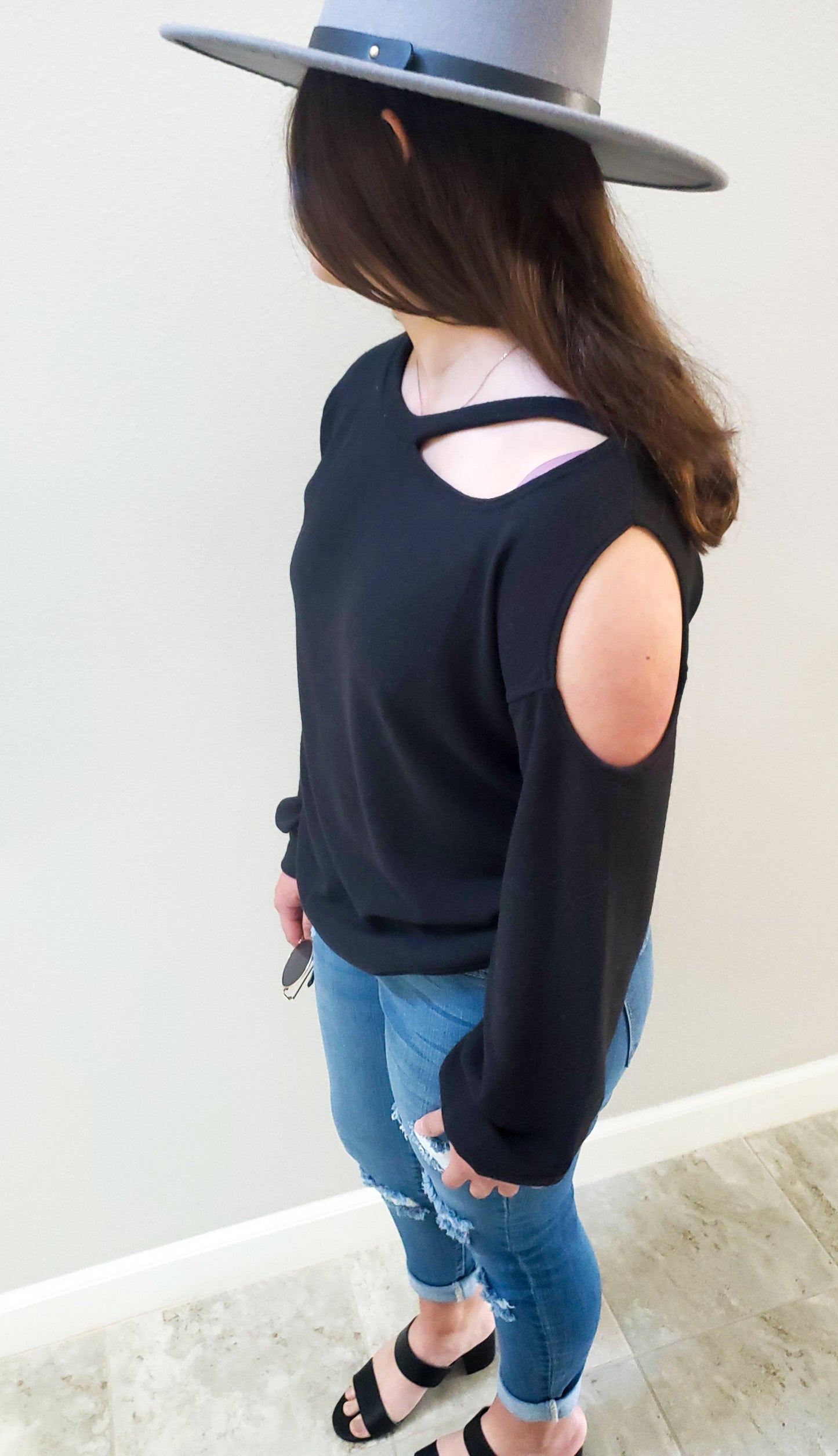 Curved Neck Cut Out Sweater Top ( S-XL)