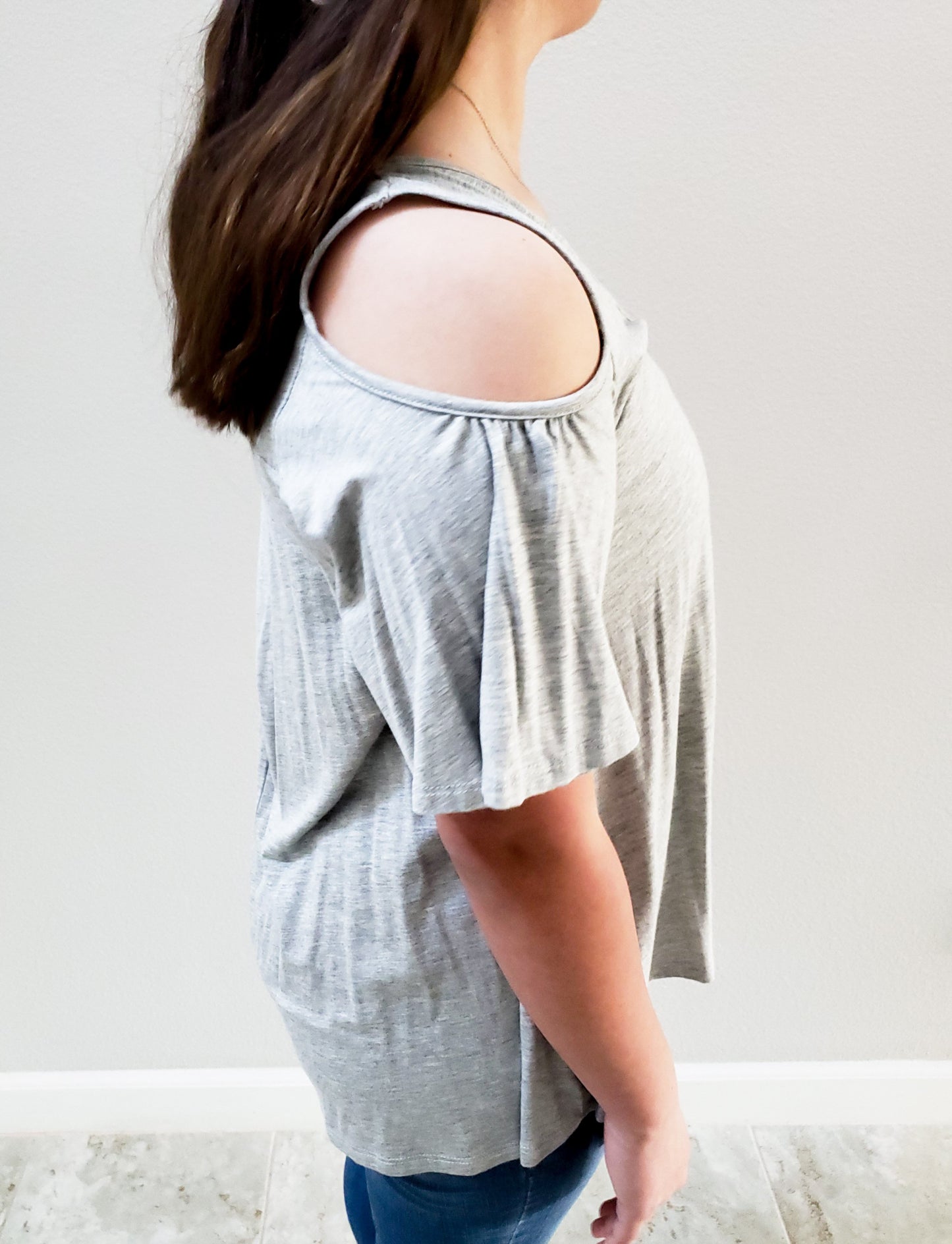 Short  Sleeve Cold Shoulder Top- Grey