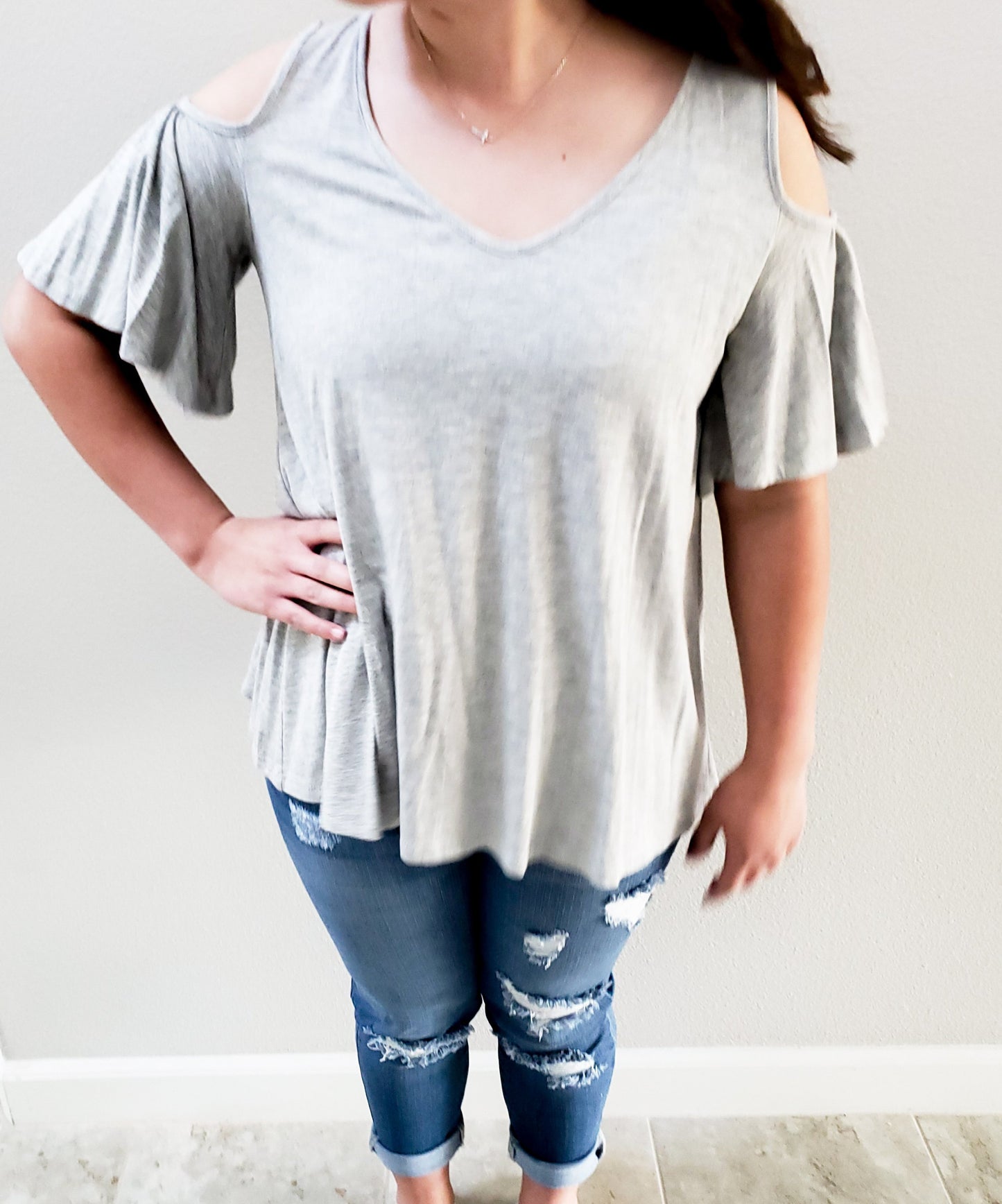 Short  Sleeve Cold Shoulder Top- Grey