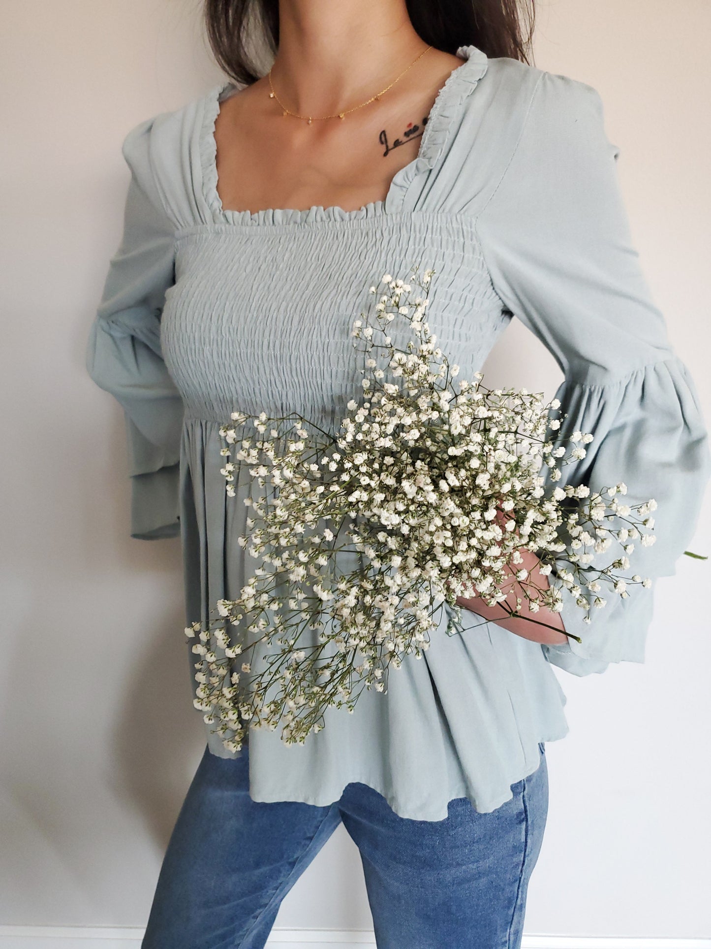 Sage Smocked Bell Sleeve Blouse