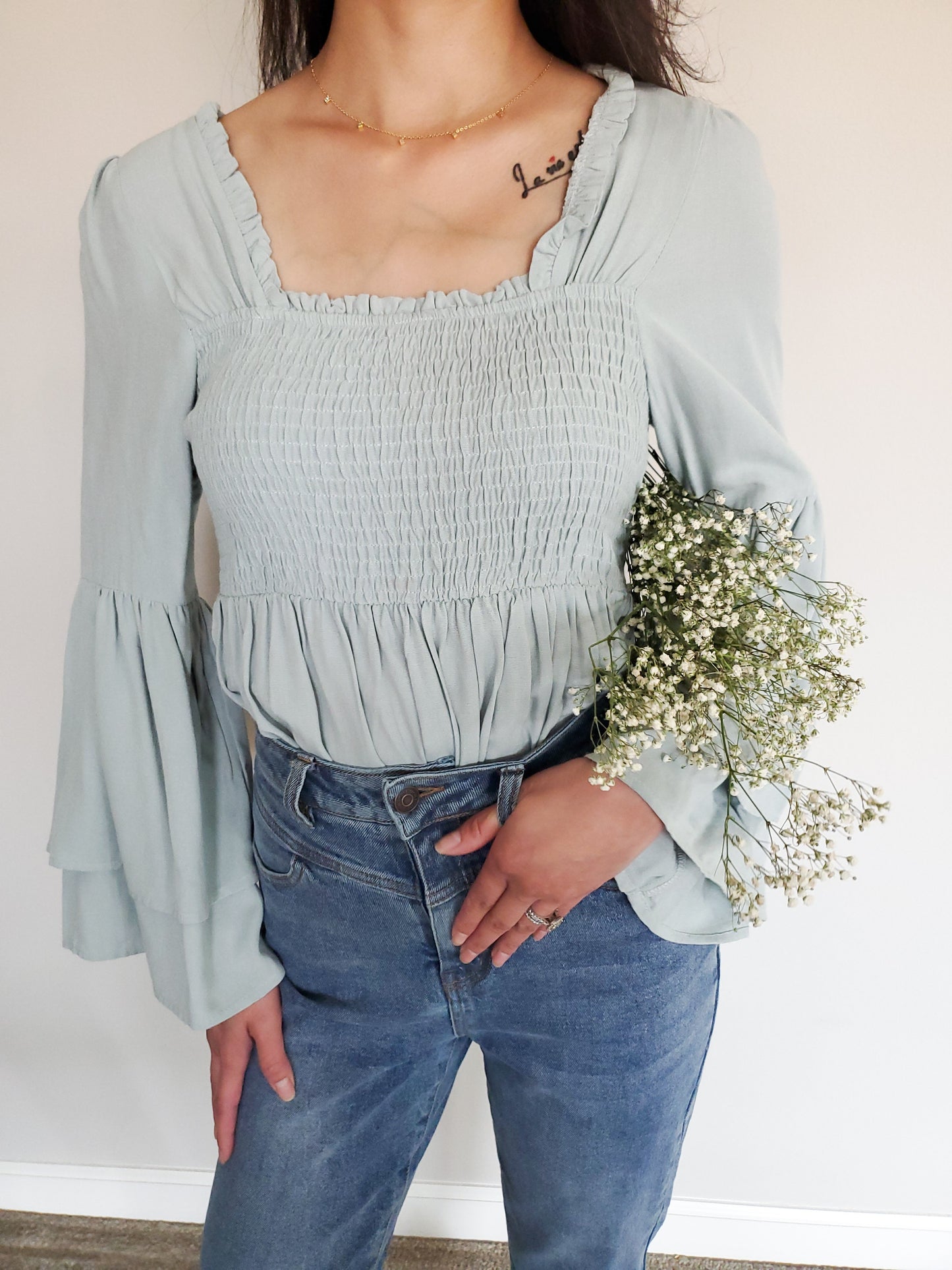 Sage Smocked Bell Sleeve Blouse