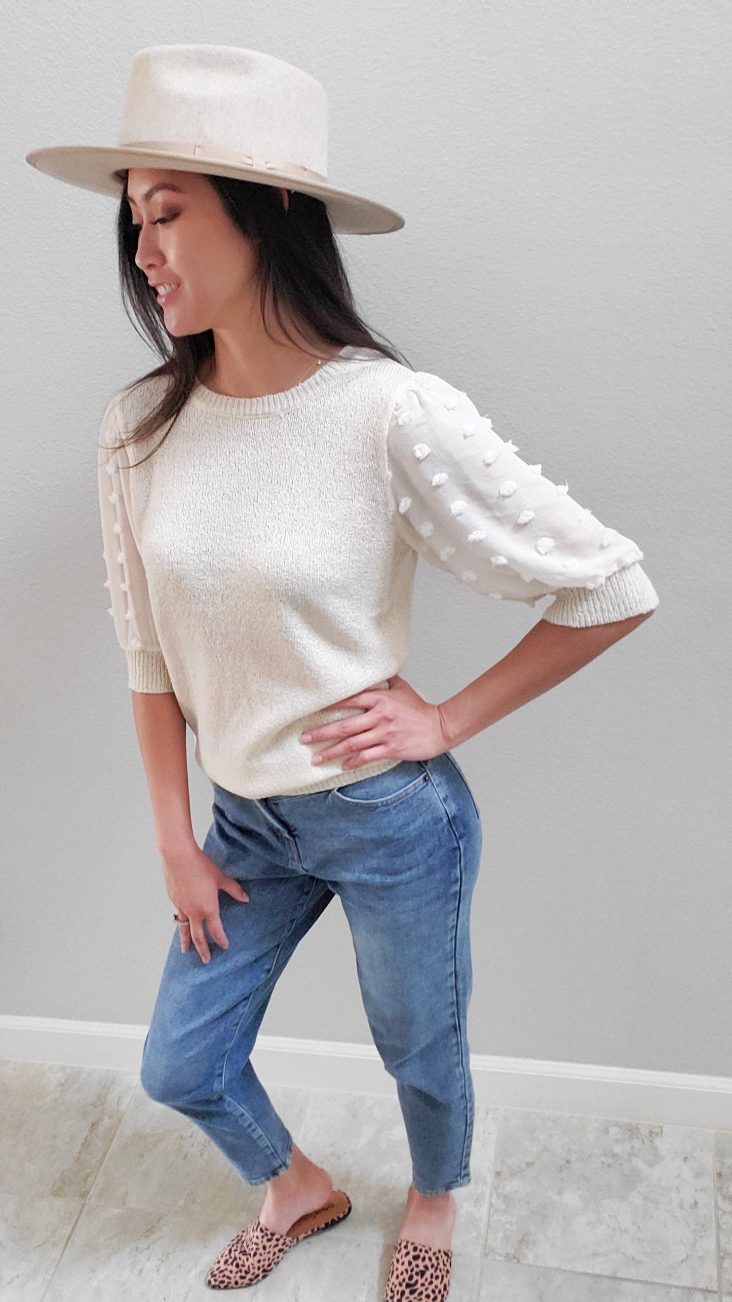 Pom-Pom Dot  Sleeve Knit Top