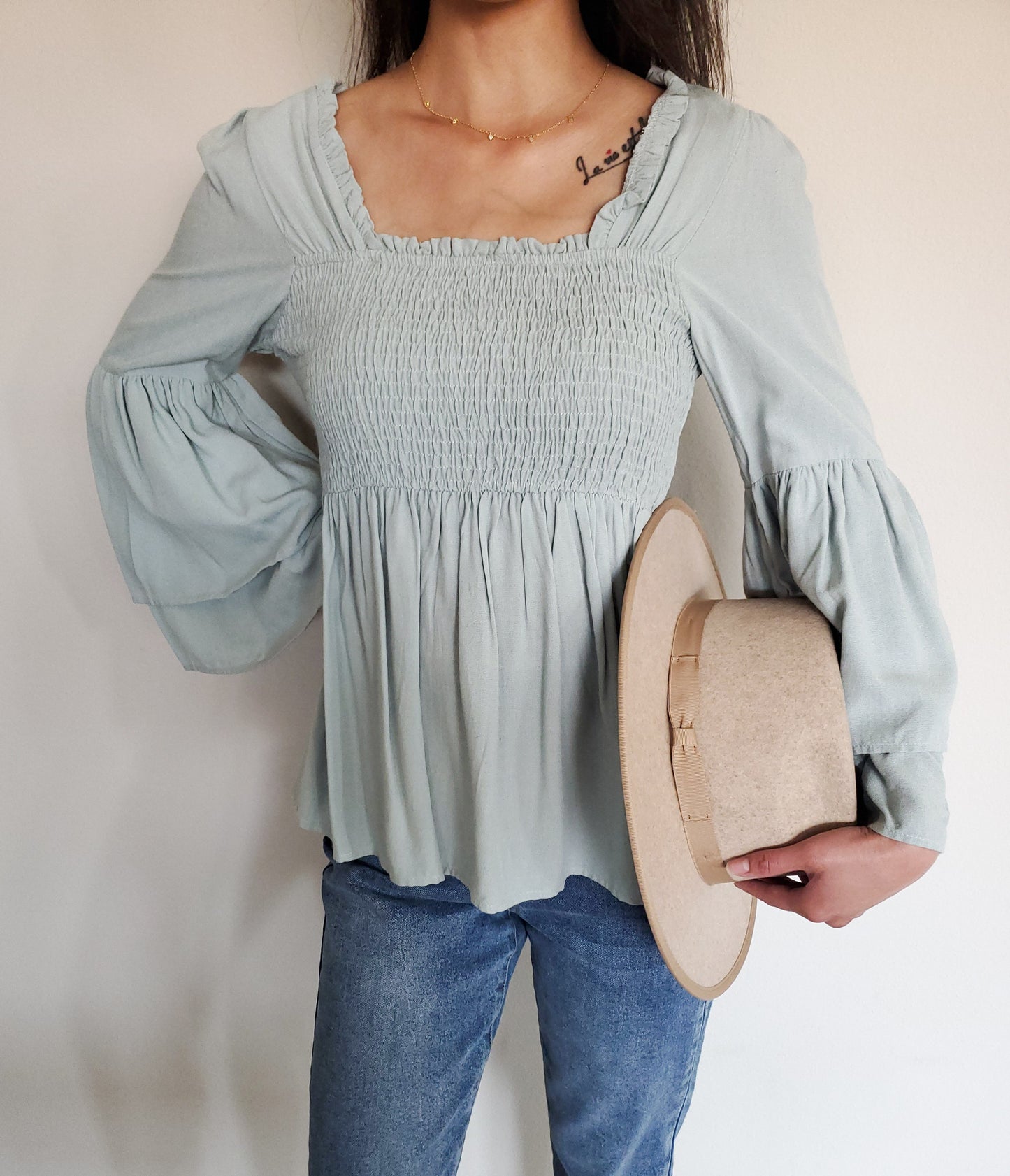 Sage Smocked Bell Sleeve Blouse