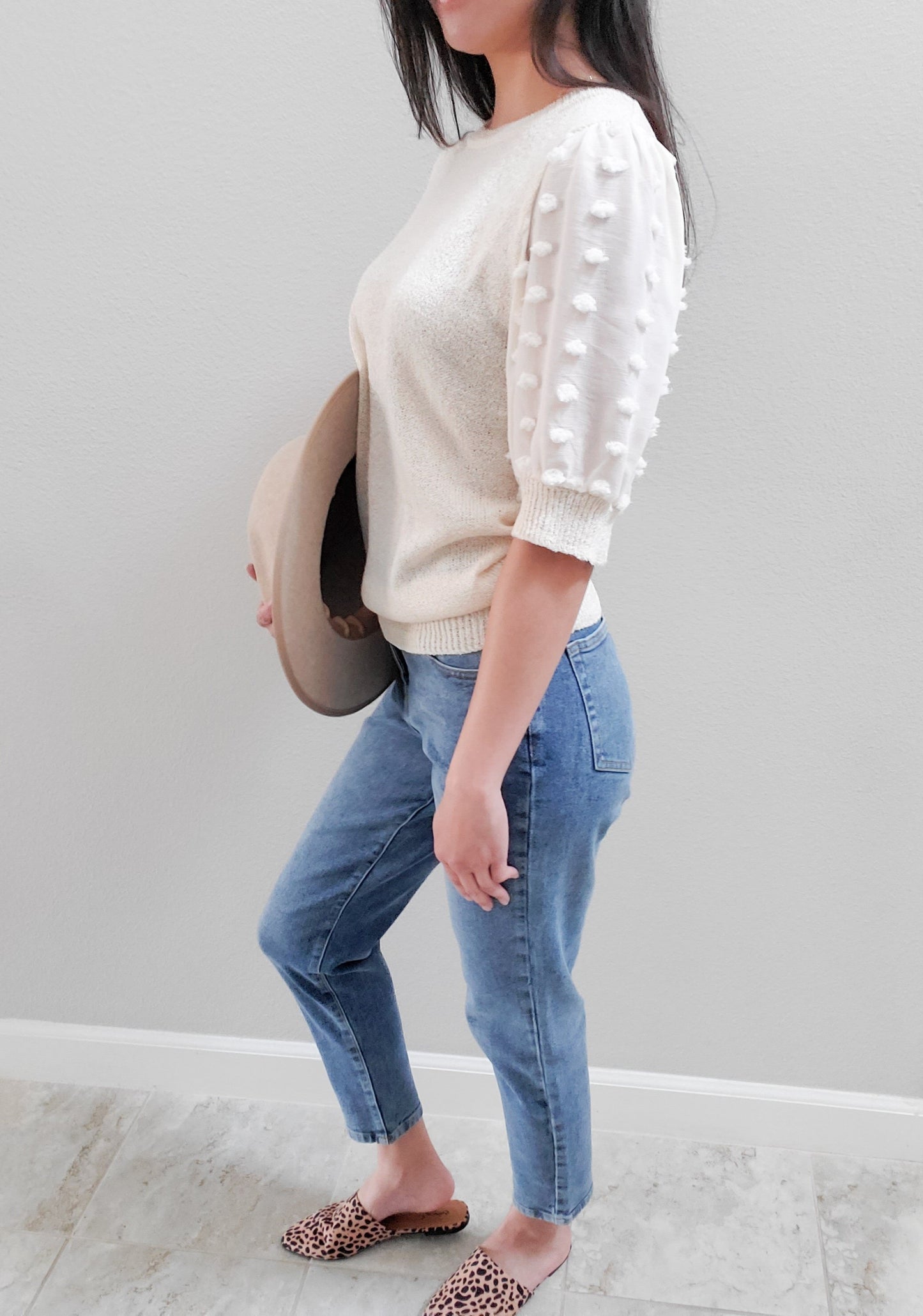 Pom-Pom Dot  Sleeve Knit Top