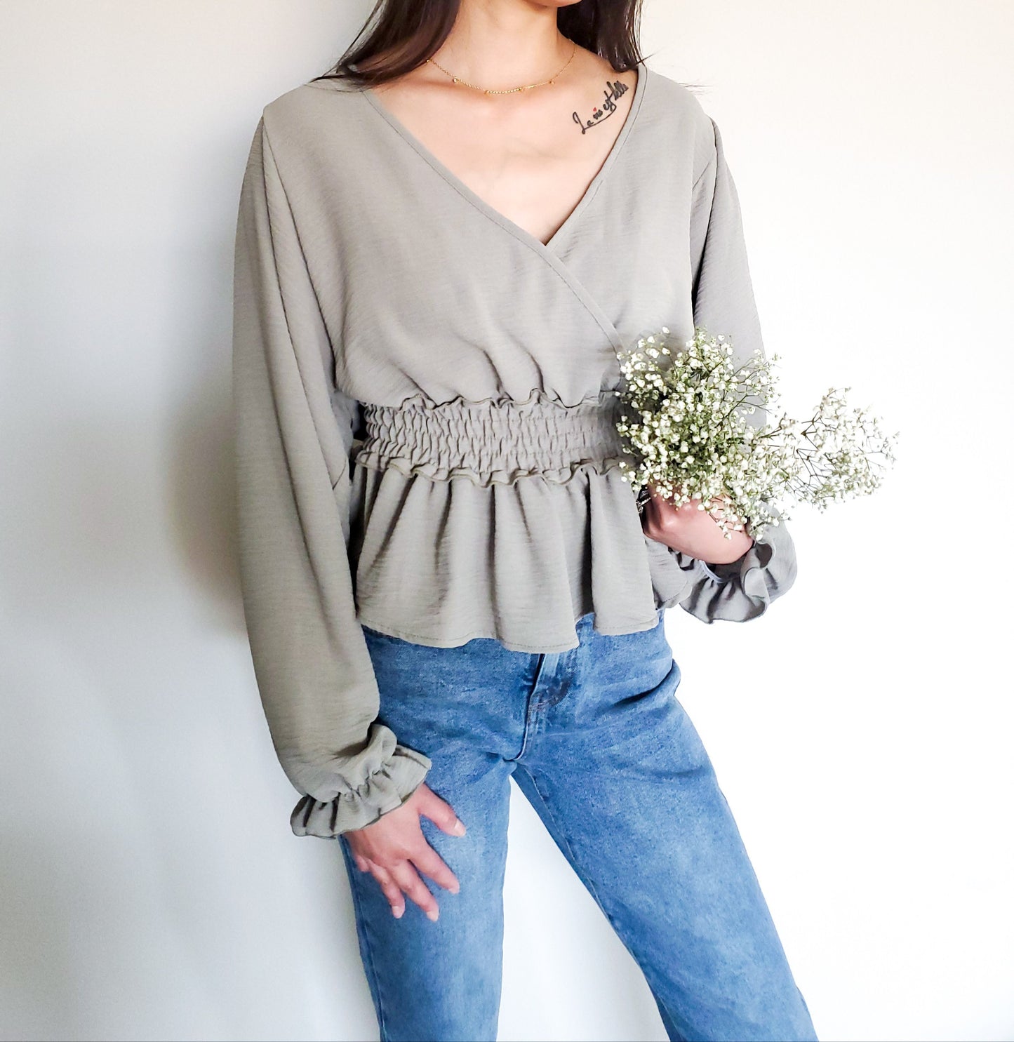 Smocked Waist Olive Long Sleeve Top