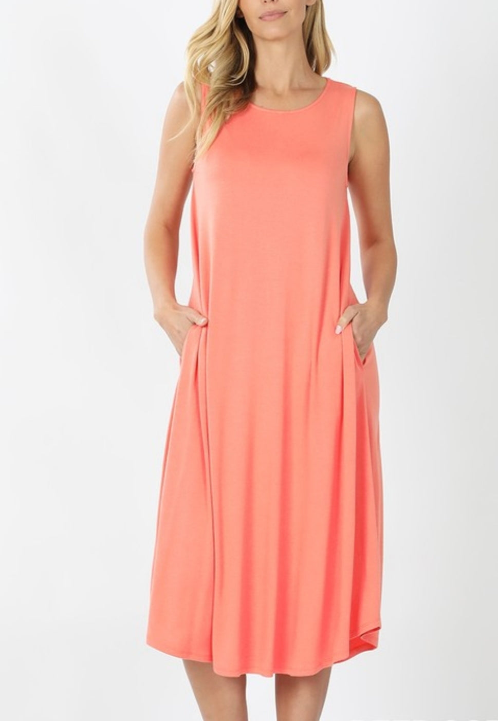 Michelle Sleeveless Crew Neck Shift Dress-Coral