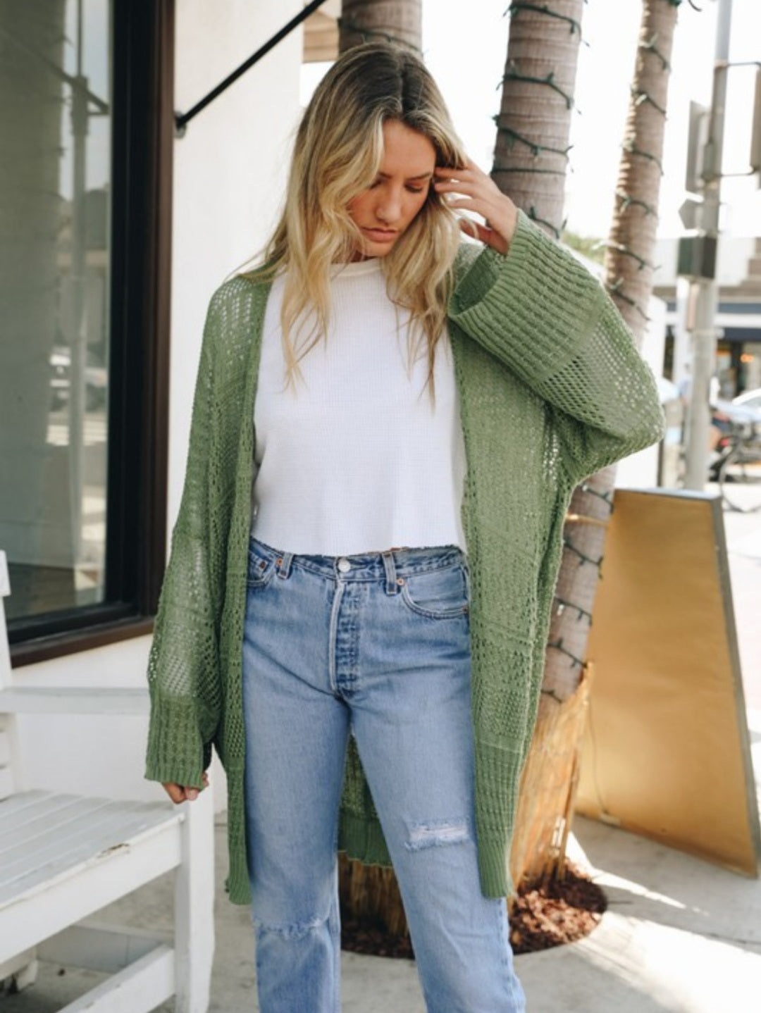 Knit Netted Open Cardigan-Moss