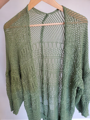 Knit Netted Open Cardigan-Moss