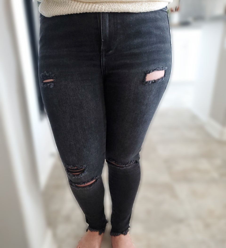 High Rise Charcoal Distressed Skinny Jeans