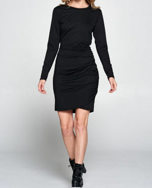 Solid long Sleeve Ruched Body Con Dress-Black