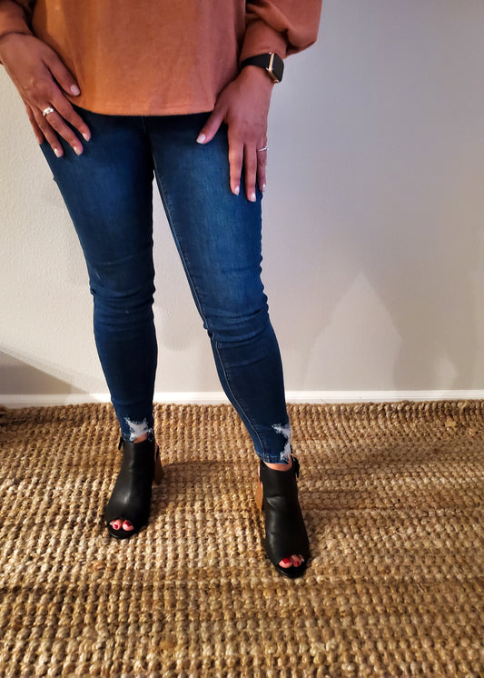 High Rise Dark Blue Distressed  Hems Skinny Jeans