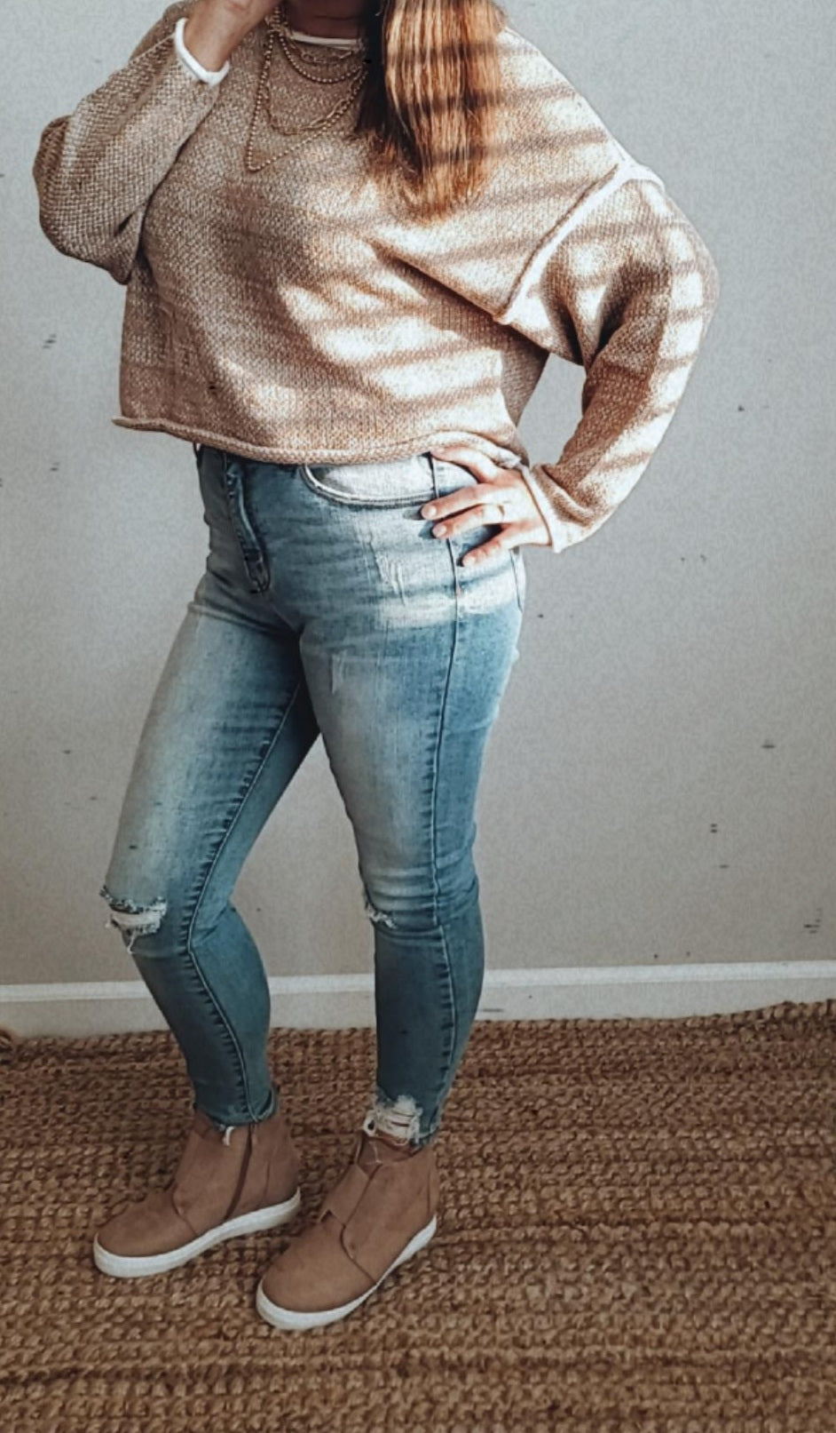 Long Sleeve Two Tone Knit Boxy Fit Crop Sweater Top