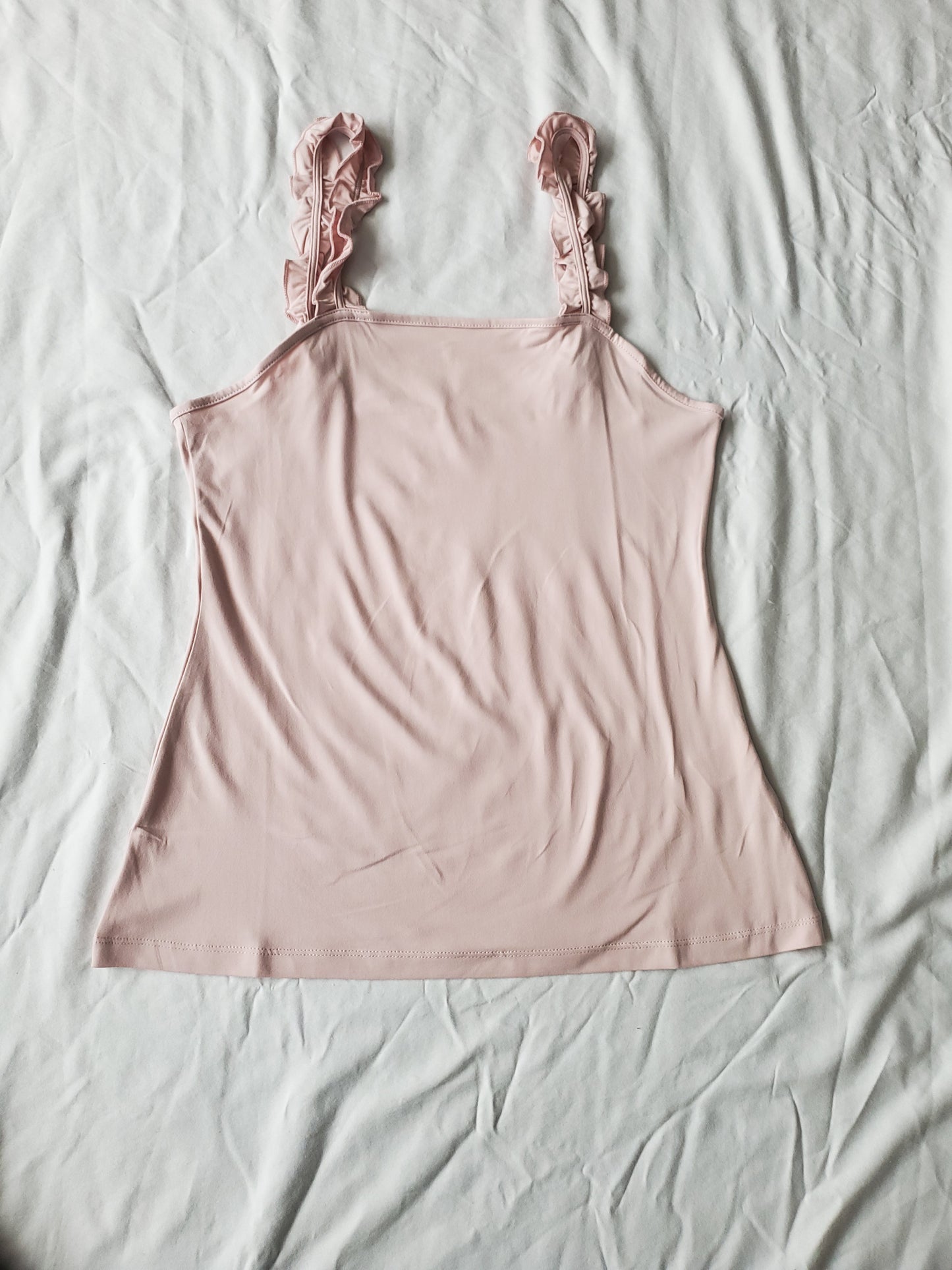 Double Ruffle Shoulder Strap Tank Knit Top-Pink