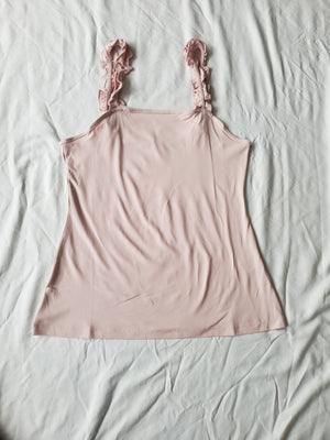 Double Ruffle Shoulder Strap Tank Knit Top-Pink