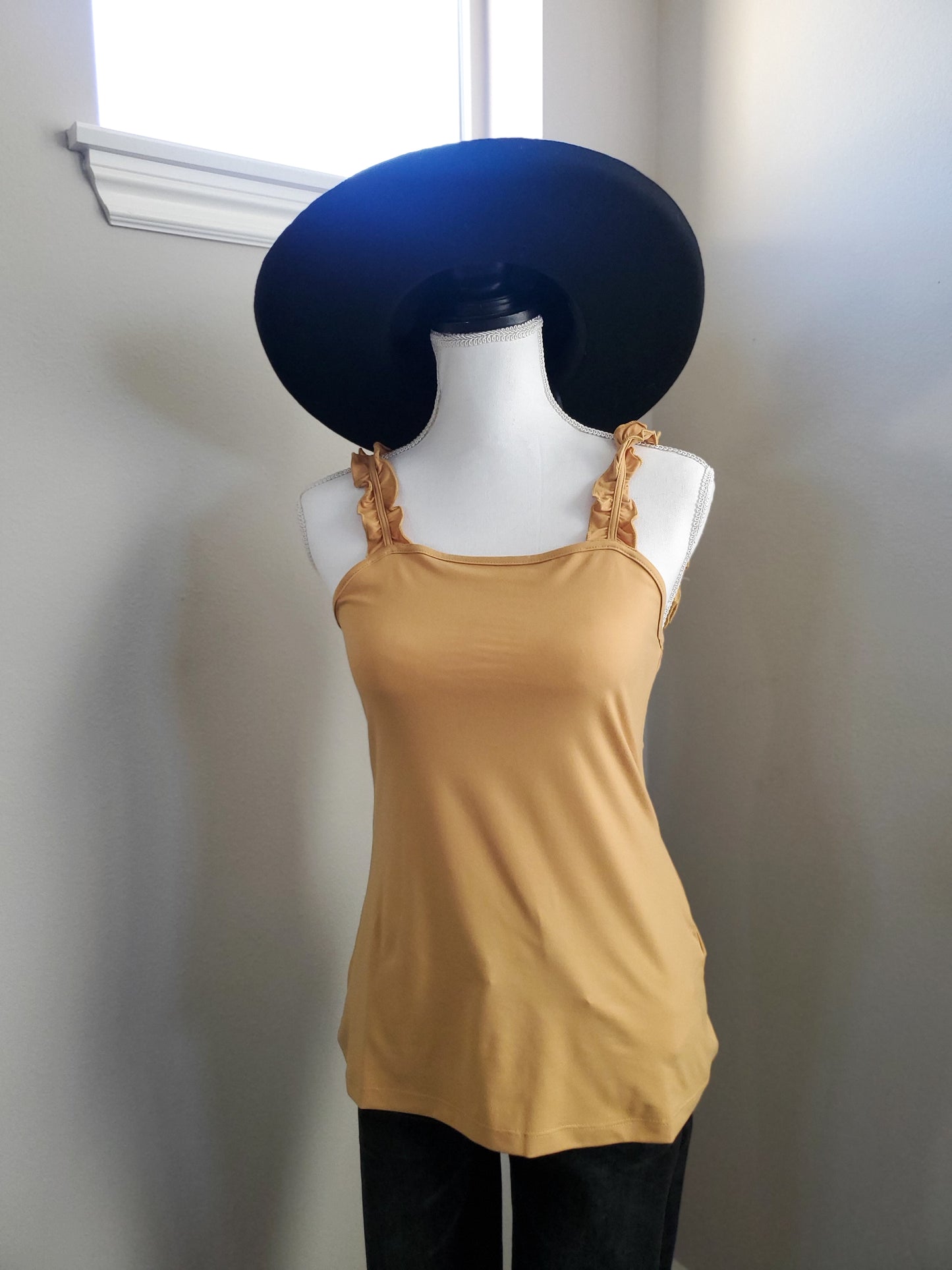 Double Ruffle Shoulder Strap Tank Knit Top-Dark Yellow