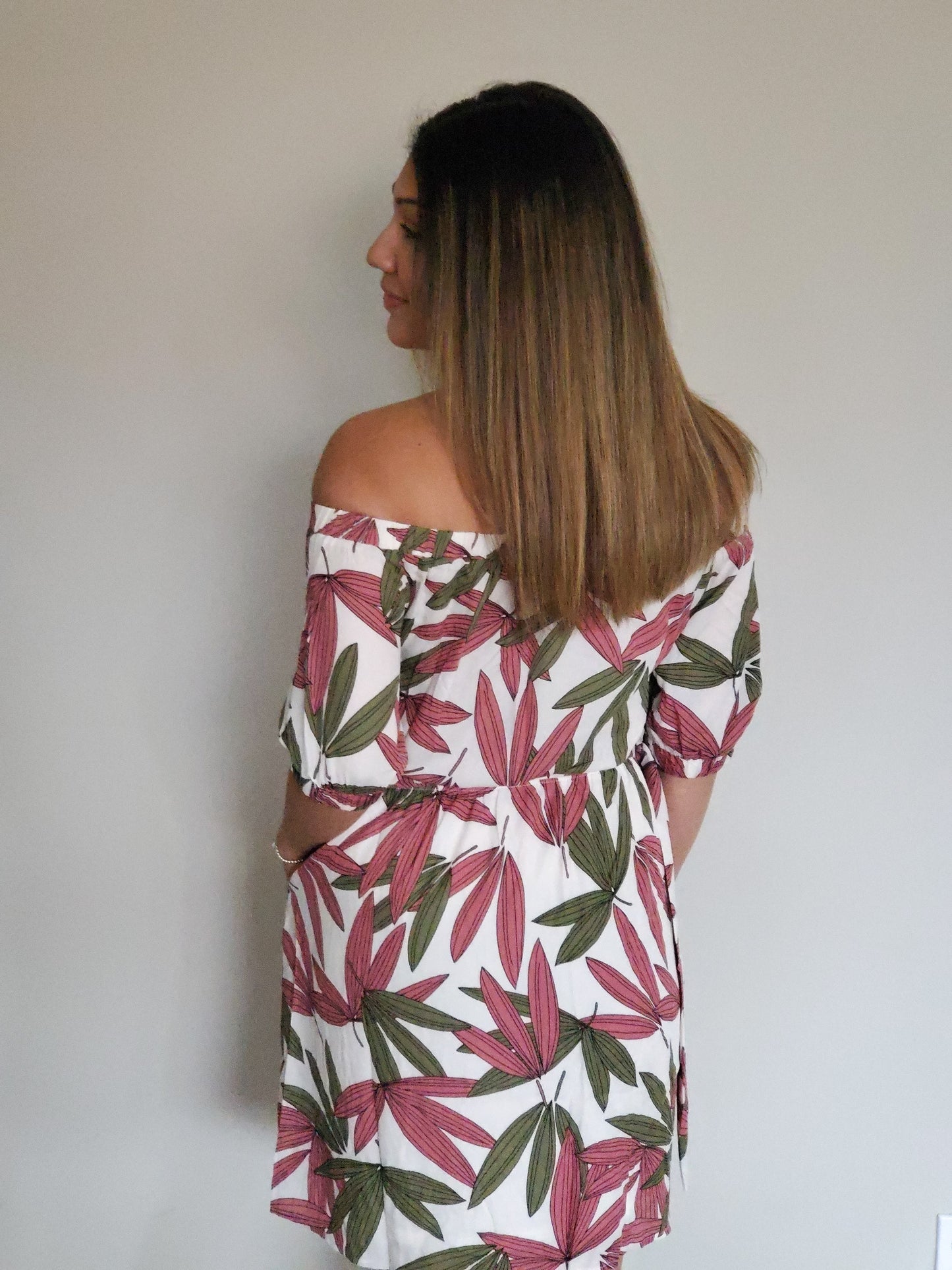 FLORAL PRINT OFF THE SHOULDER BUTTON DOWN DRESS