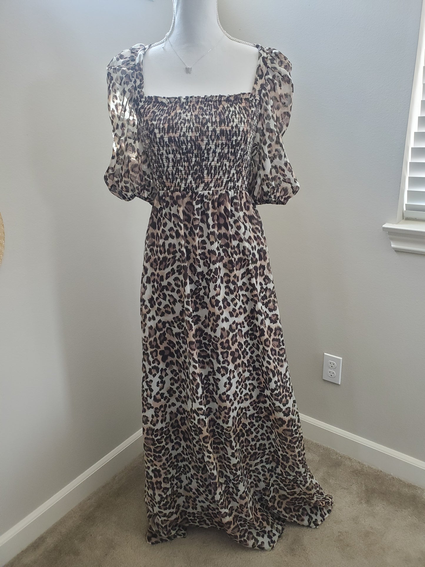 Square Neck Smocked Leopard Maxi Dress