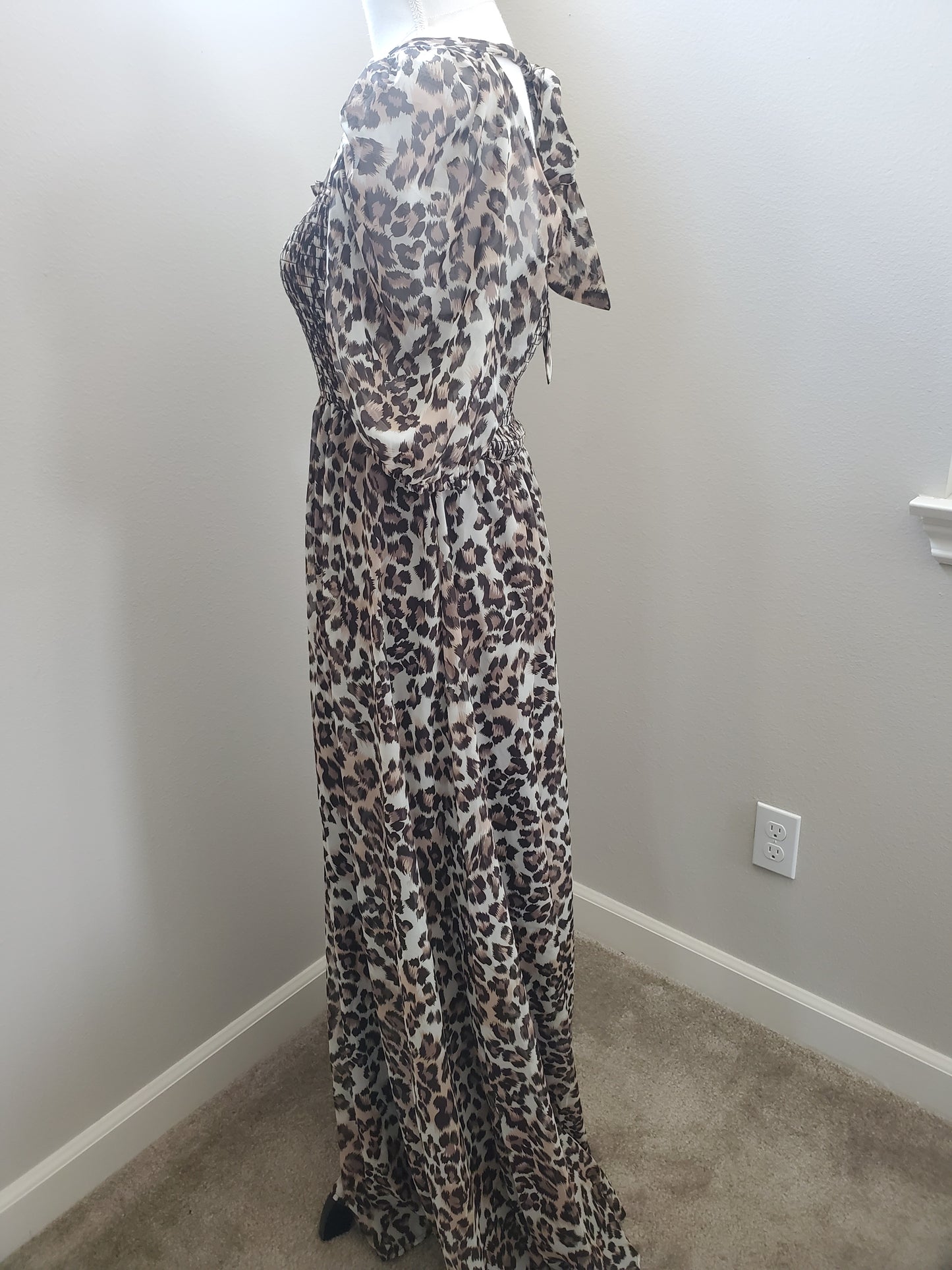 Square Neck Smocked Leopard Maxi Dress