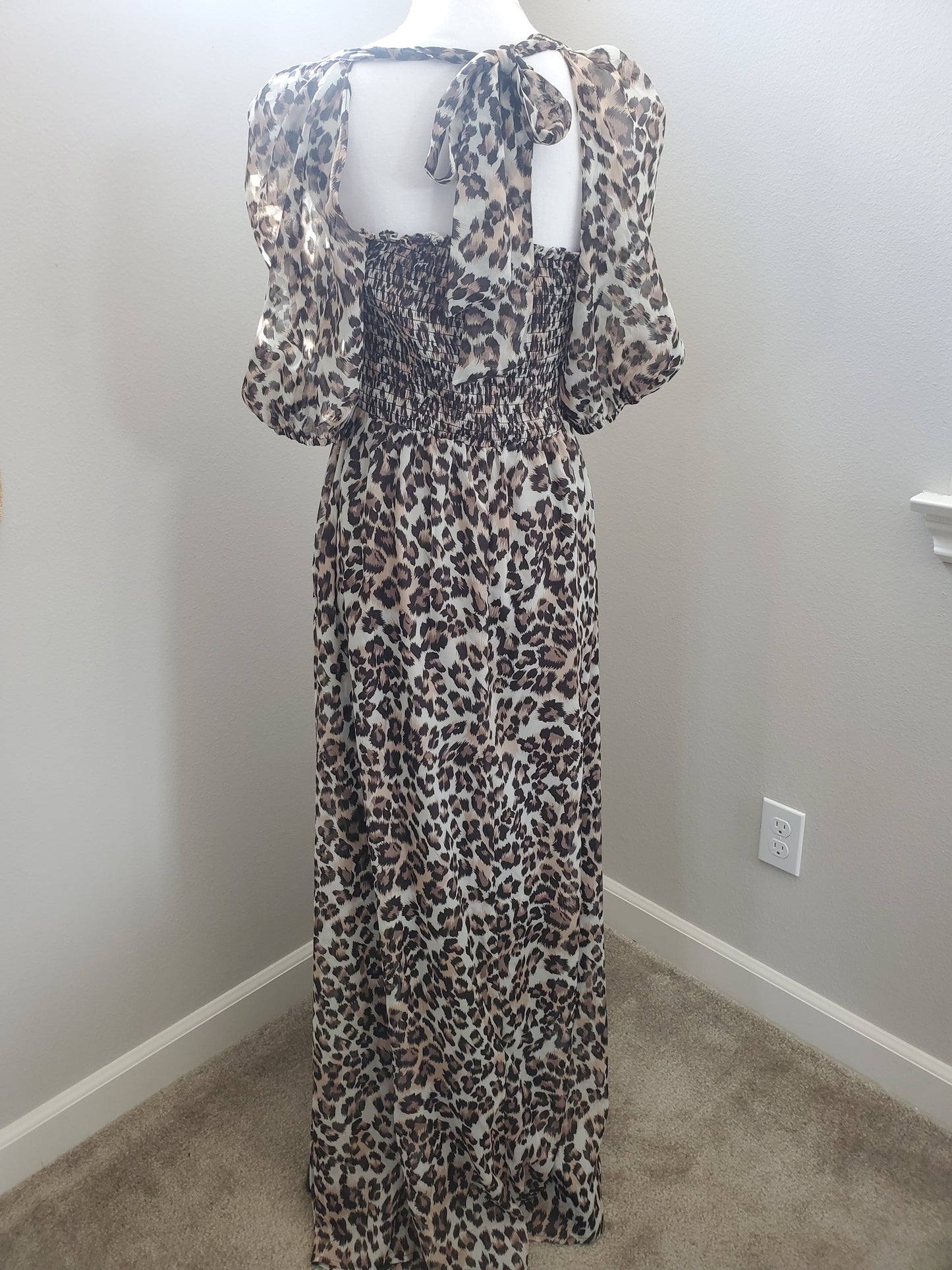 Square Neck Smocked Leopard Maxi Dress