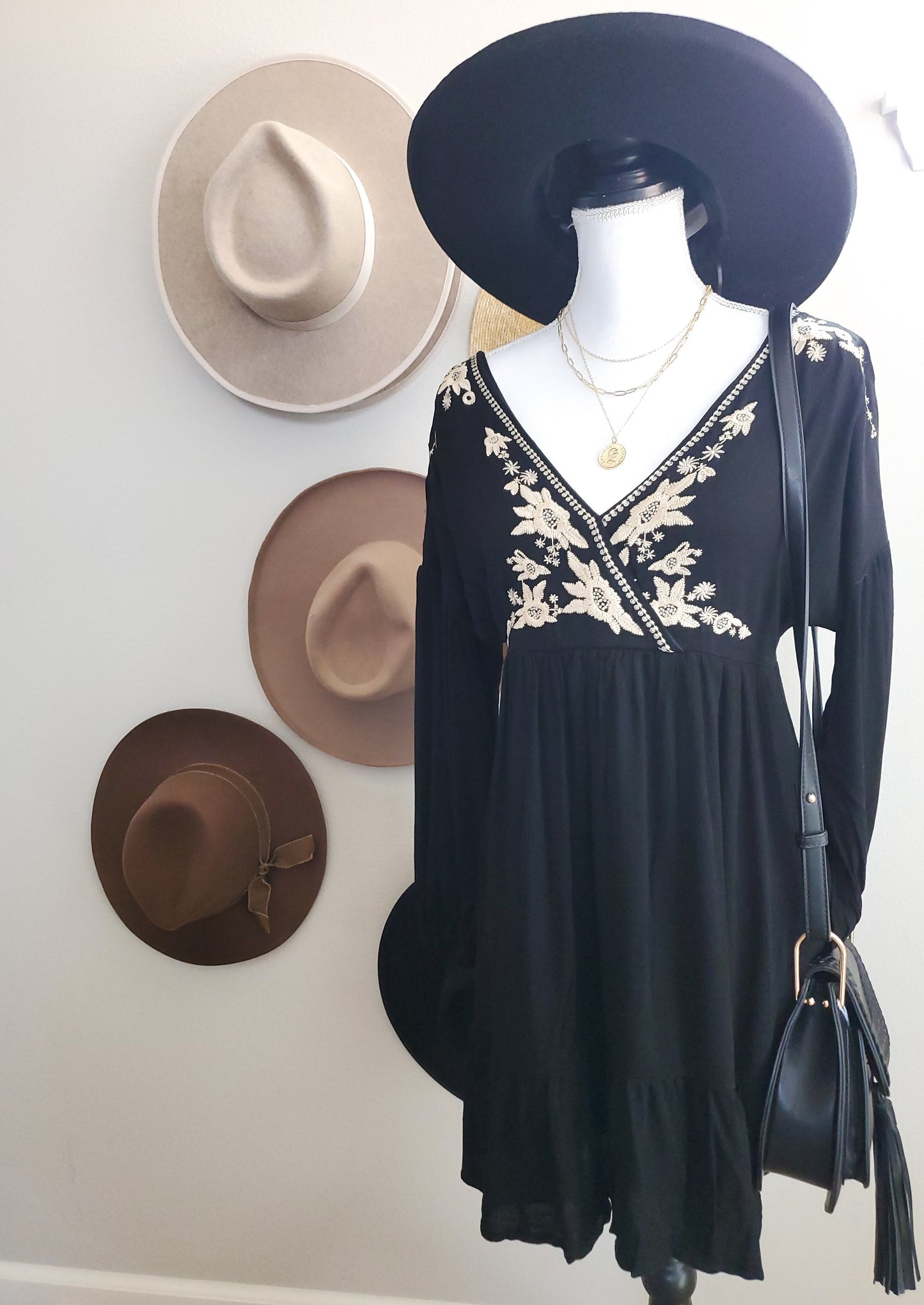 BLACK SURPLICE WRAP EMBROIDERED DRESS