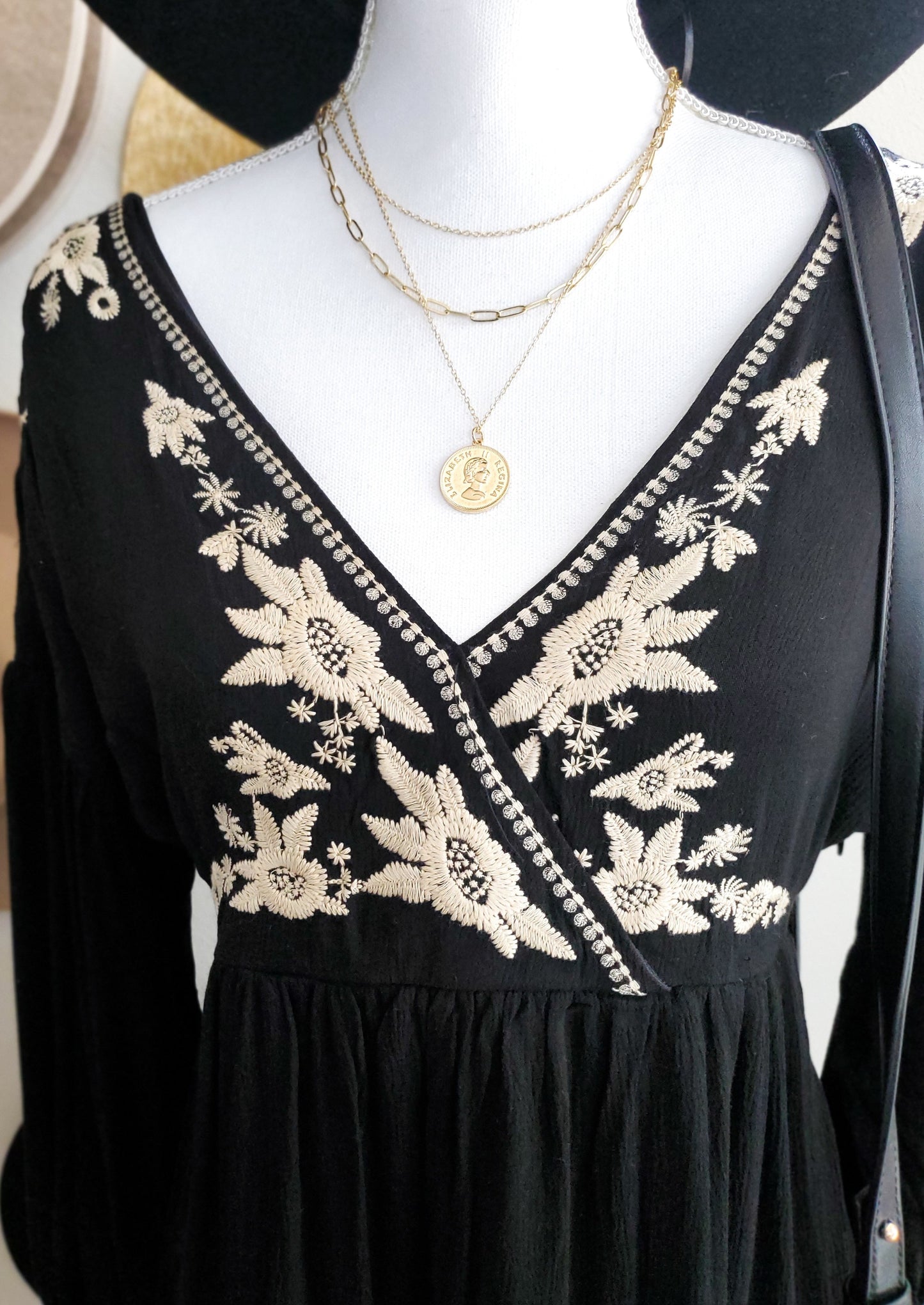 BLACK SURPLICE WRAP EMBROIDERED DRESS