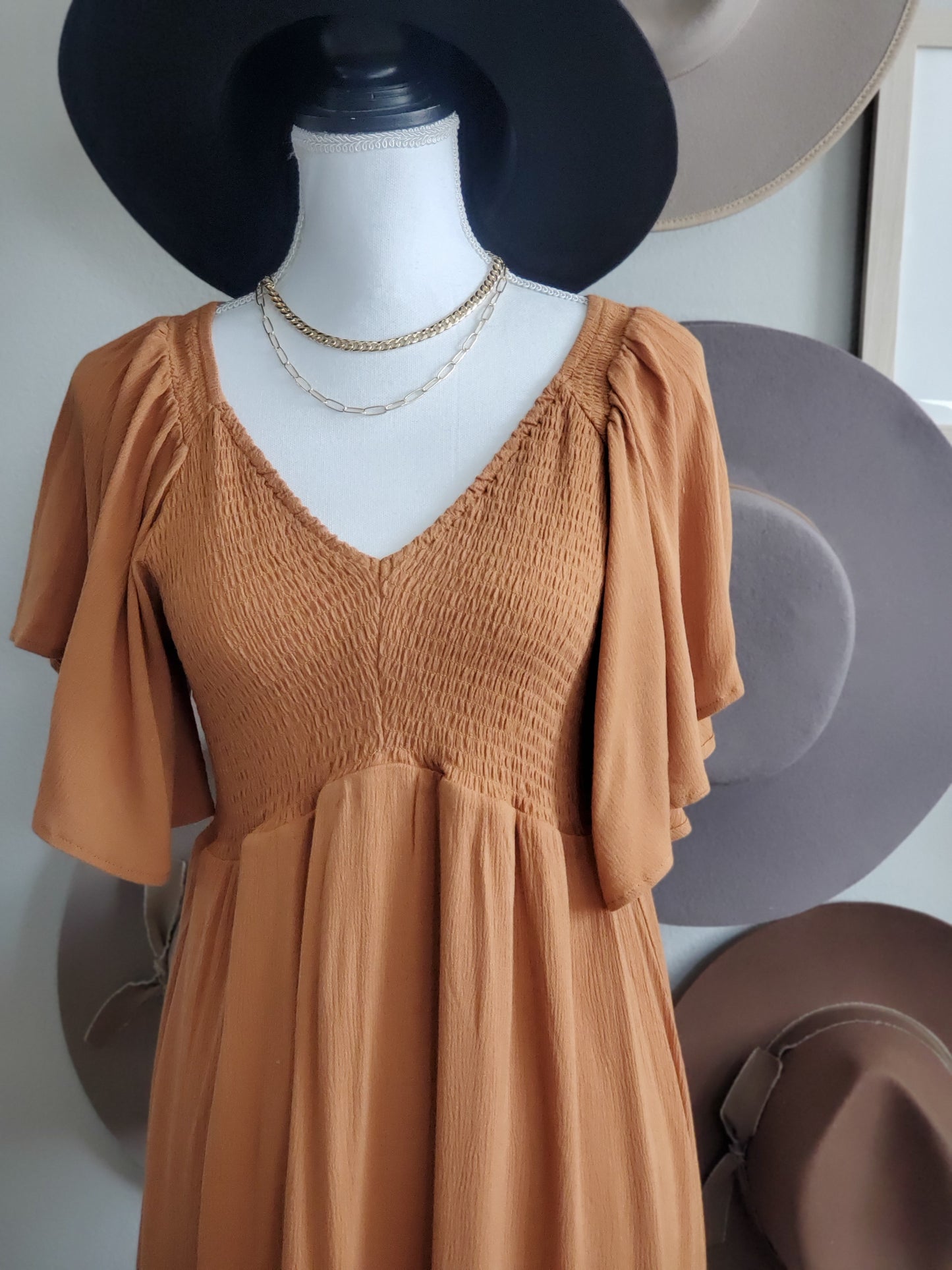 Smocked Flutter Sleeve Midi Dress