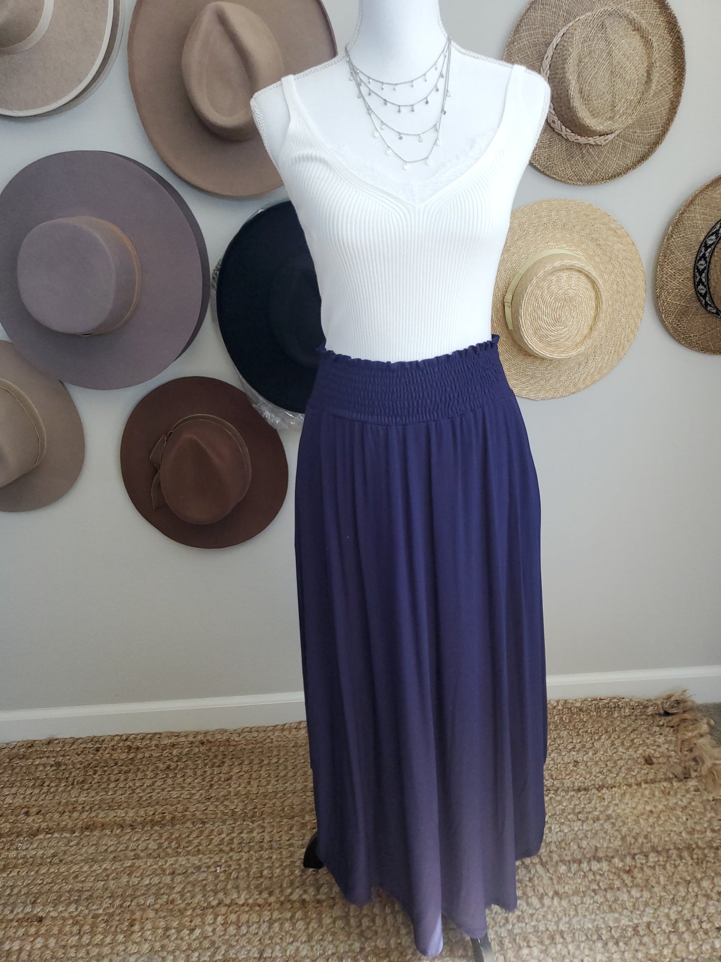 Smocked Maxi Skirt-Navy