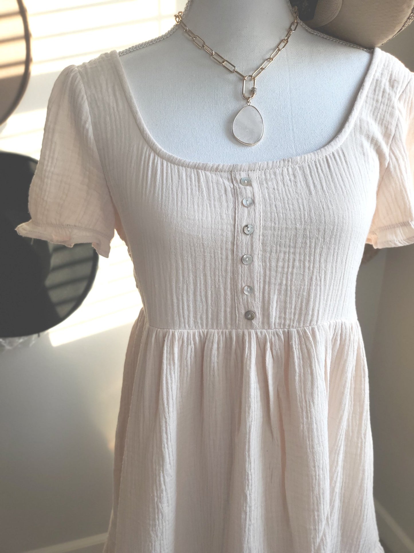 COTTON GAUZE BABYDOLL SHORT SLEEVE HENLEY DRESS