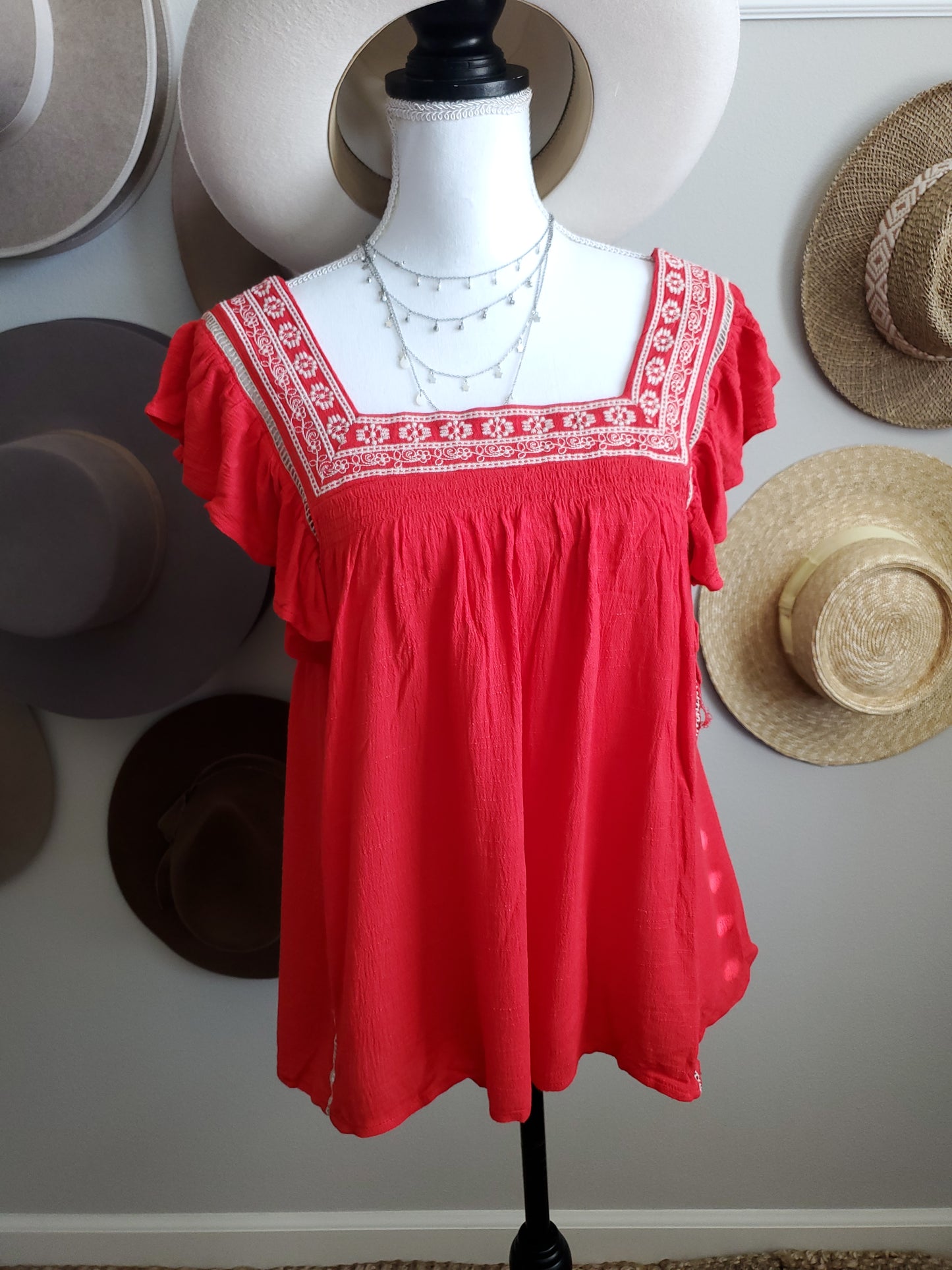 SQUARE NECK EMBROIDERED RED TOP