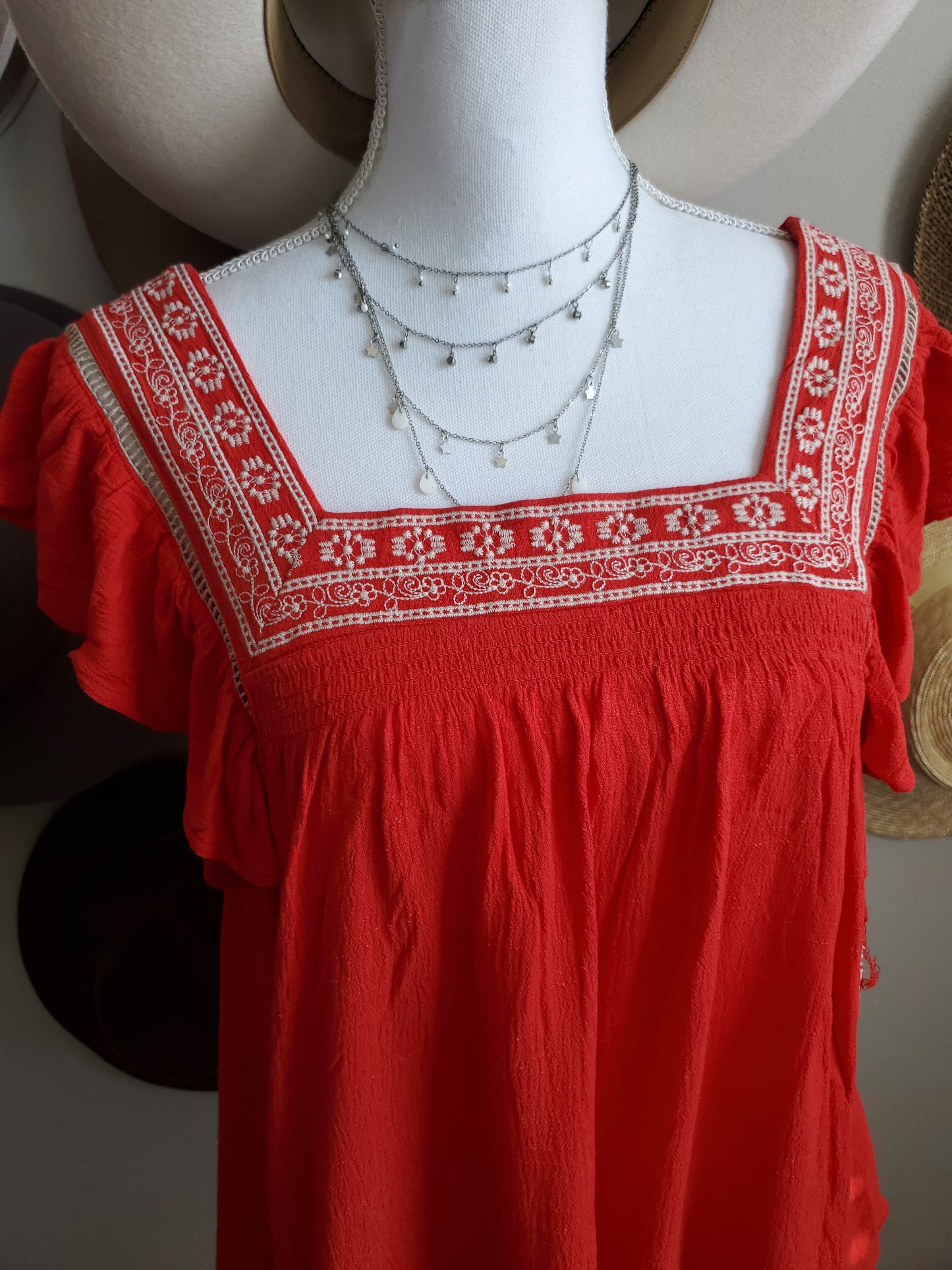 SQUARE NECK EMBROIDERED RED TOP