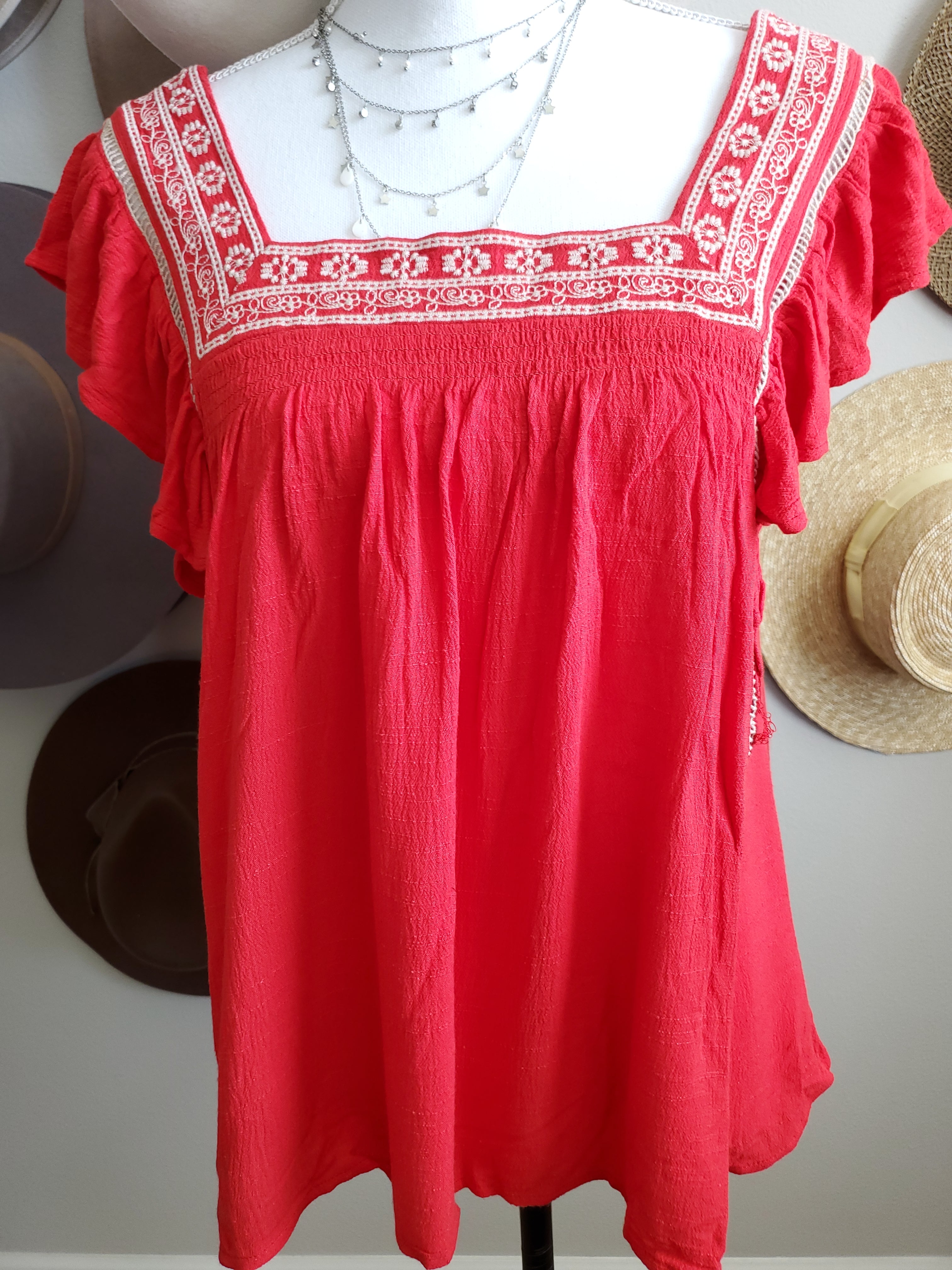 SQUARE NECK EMBROIDERED RED TOP
