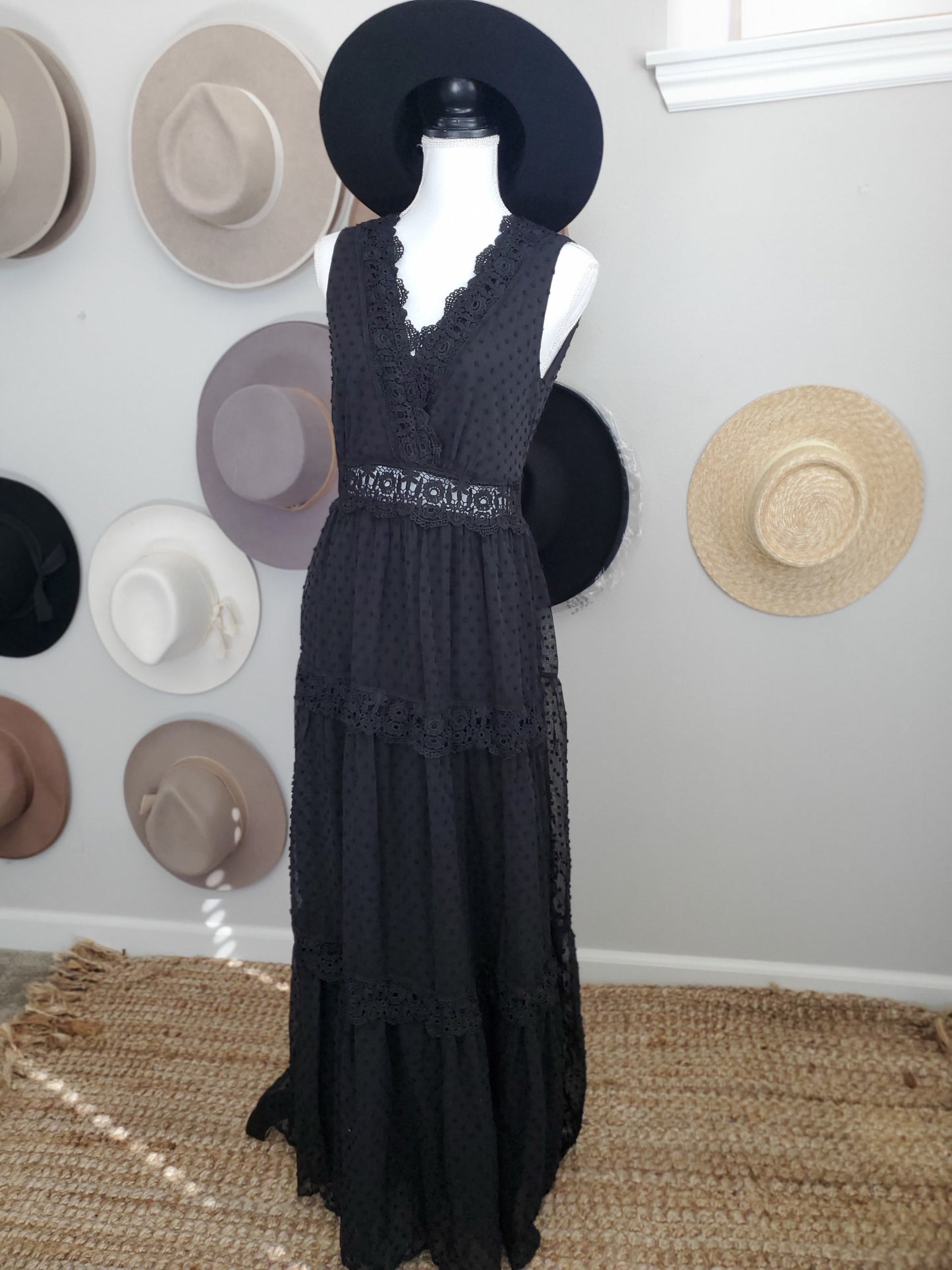 WOVEN MAXI DRESS WAIST LACE BAND Black